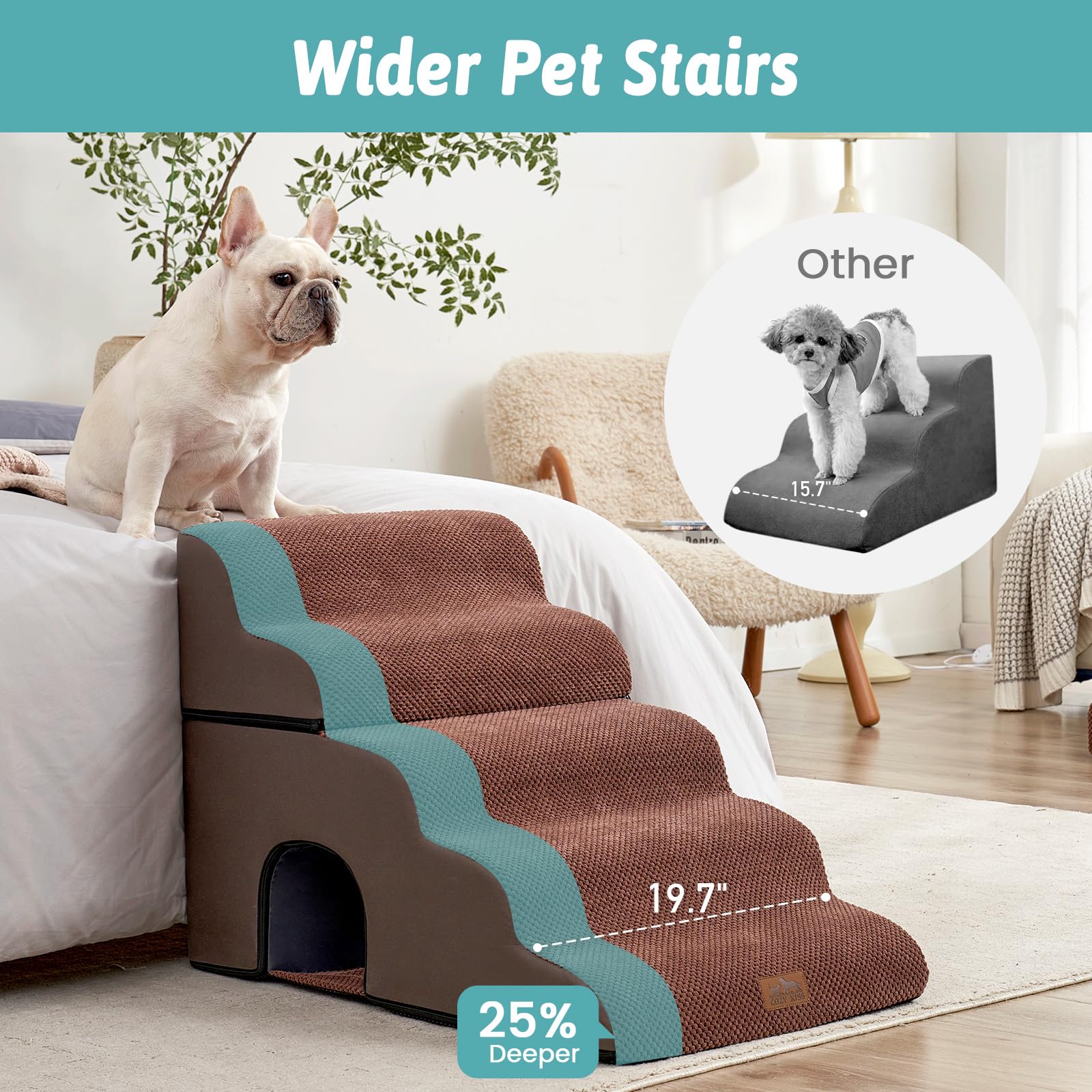 Cozy Kiss Wide Dog Stairs For Bed With Tunnel 19.7'' Width, Foam Detachable Large Dog Step For Small Dog, Puppy Or Cats, Medium