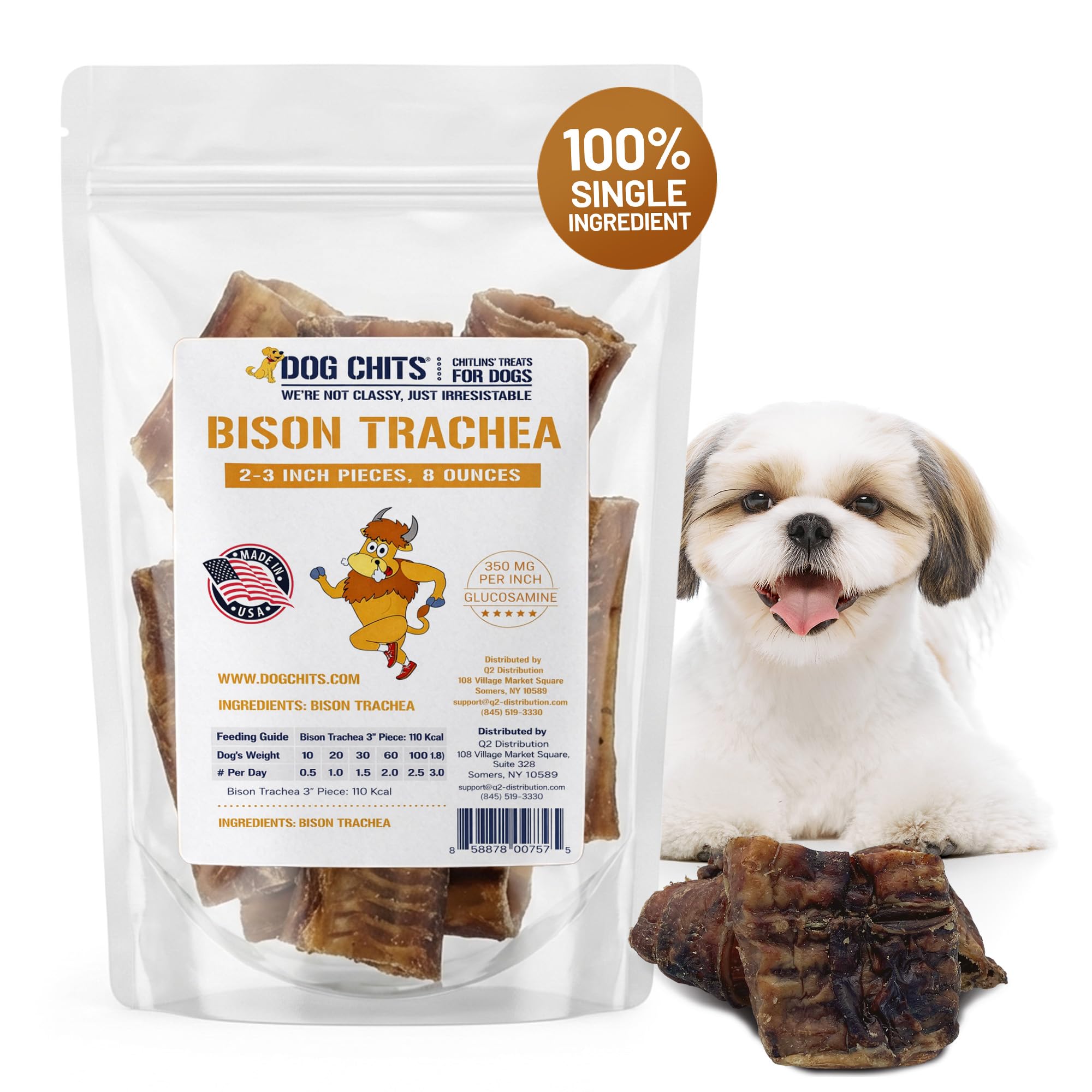 Dog Chits Bison Trachea for Dogs - Dog and Puppy Chews | Amazing for Joints | 8 oz. Bag | Made in USA | All-Natural Treats | Lar