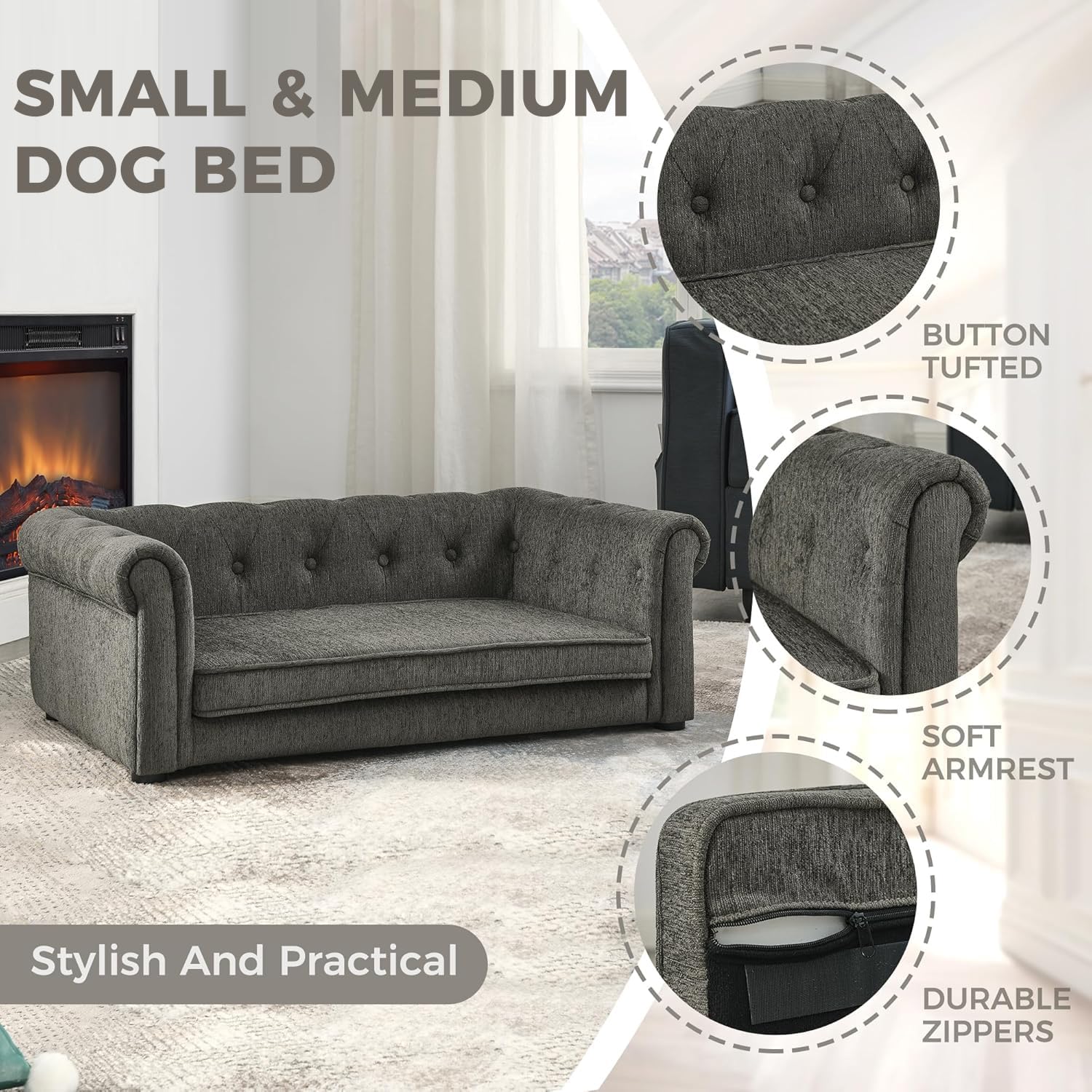 Dog Couch for Medium Dogs Up to 50 lbs, 29 W Memory Foam Dog Sofa Couch with Dry Cleanable Fabric, Elevated Dog Couch Bed with L