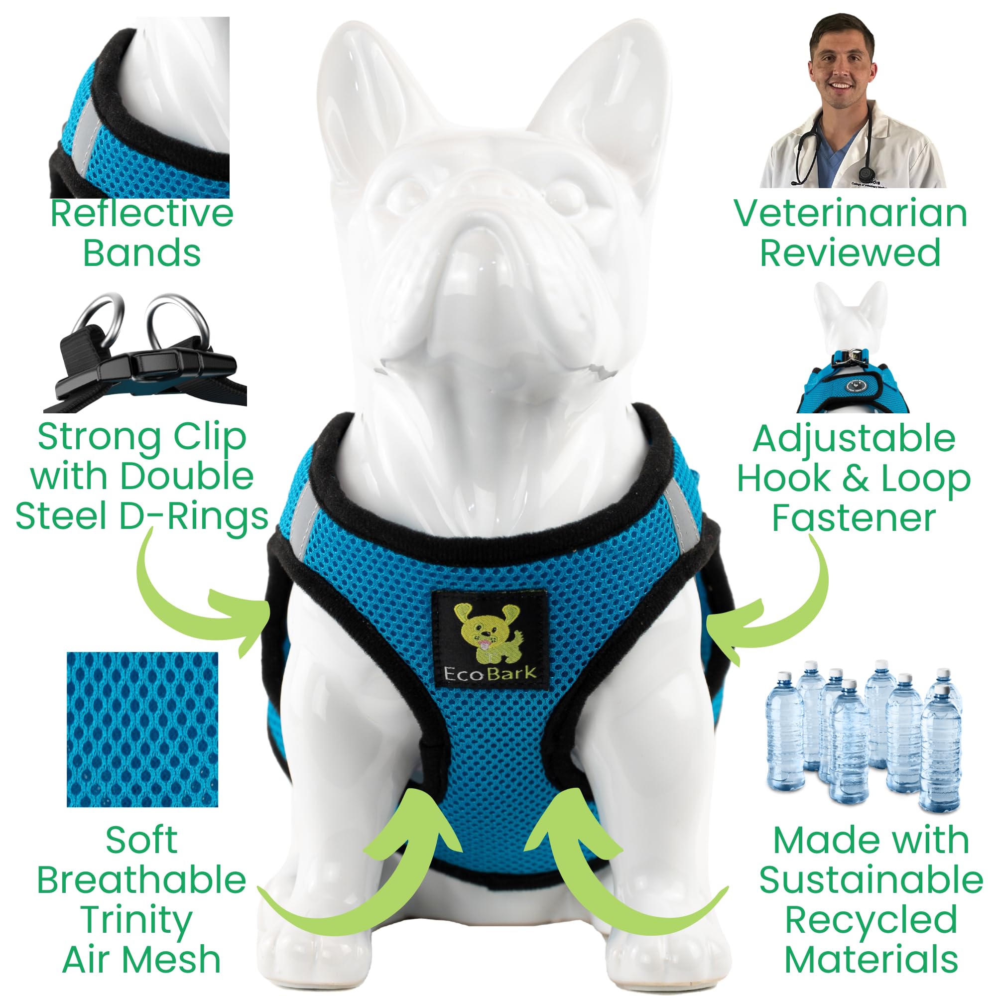 Ecobark Step In Dog Harness Reflective Soft Ultra Padded Mesh Dog Harnesses For Xxs, Xs, Small, And Medium Dogs Eco-Friendly Comfort Secure Halter No Pull Adjustable Pet Vest (Xxxs, Teal)