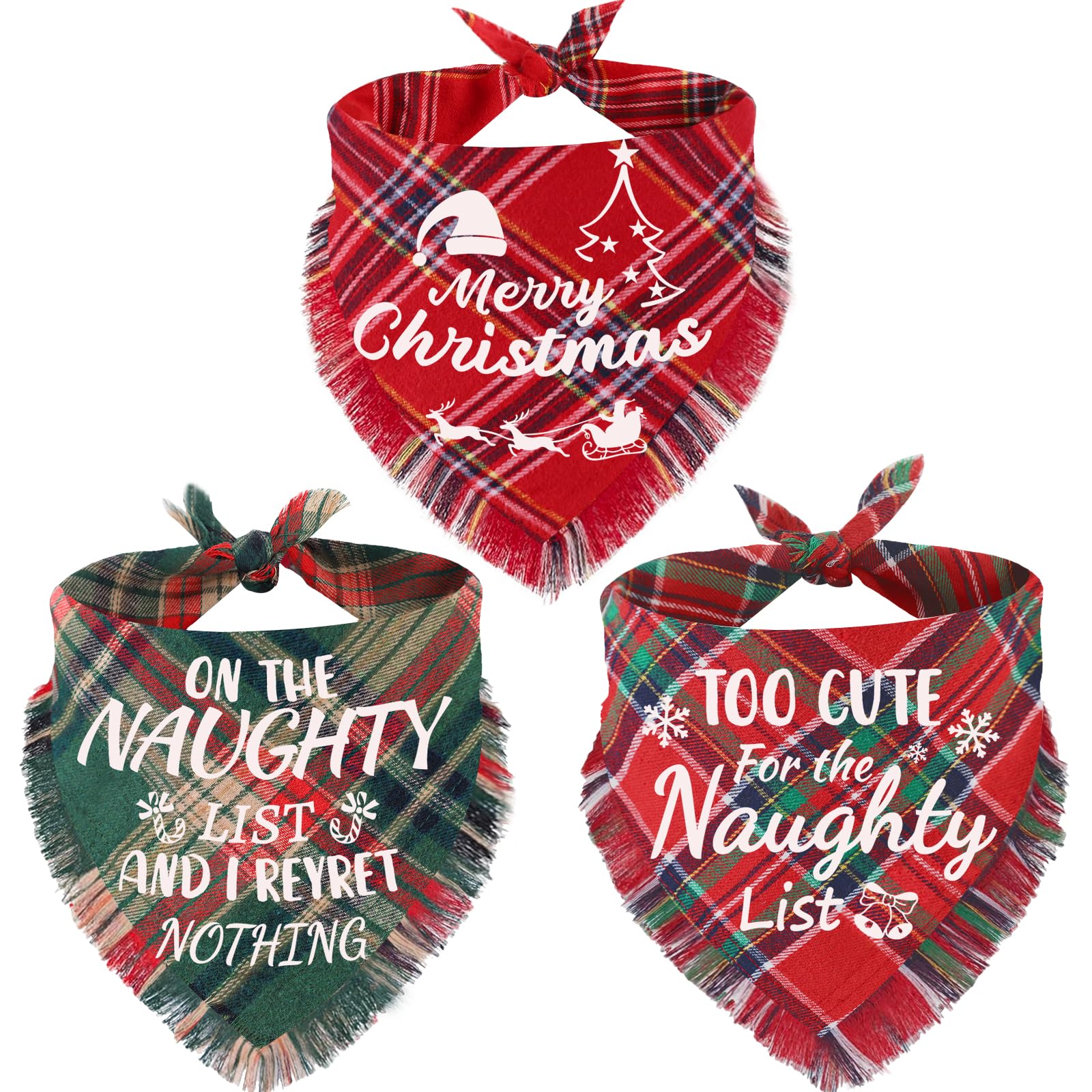 3 Pack Christmas Dog Bandanas With Tassels Edges Merry Christmas Printing Stylish Plaid Christmas Bandana Funny Xmas Scarf Bibs 