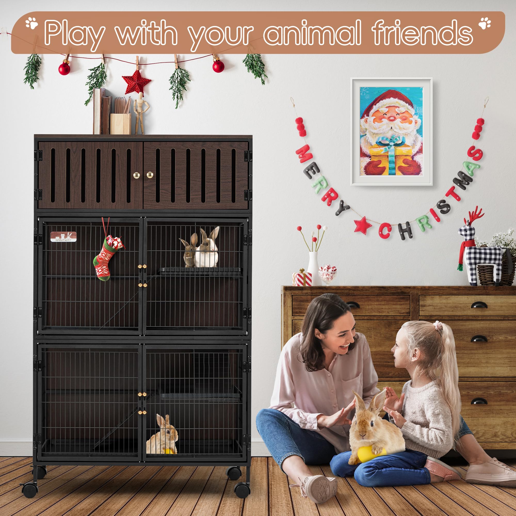 Habutway 50''H Metal Large Ferret Cage, Rolling Chinchilla Cage With Removable Ramps& Double Door, Critter Nation With Locker, R