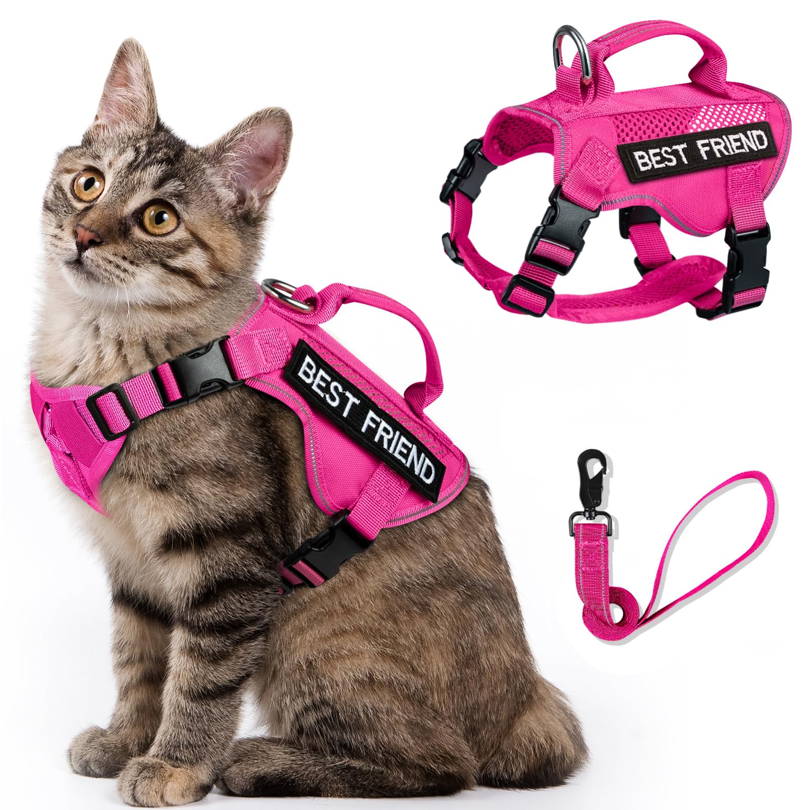 Salfse Tactical Cat Harness Leash, Air Mesh Large Adult Cat Walking Vest Harness Escape Proof, Reflective (Apink, L)