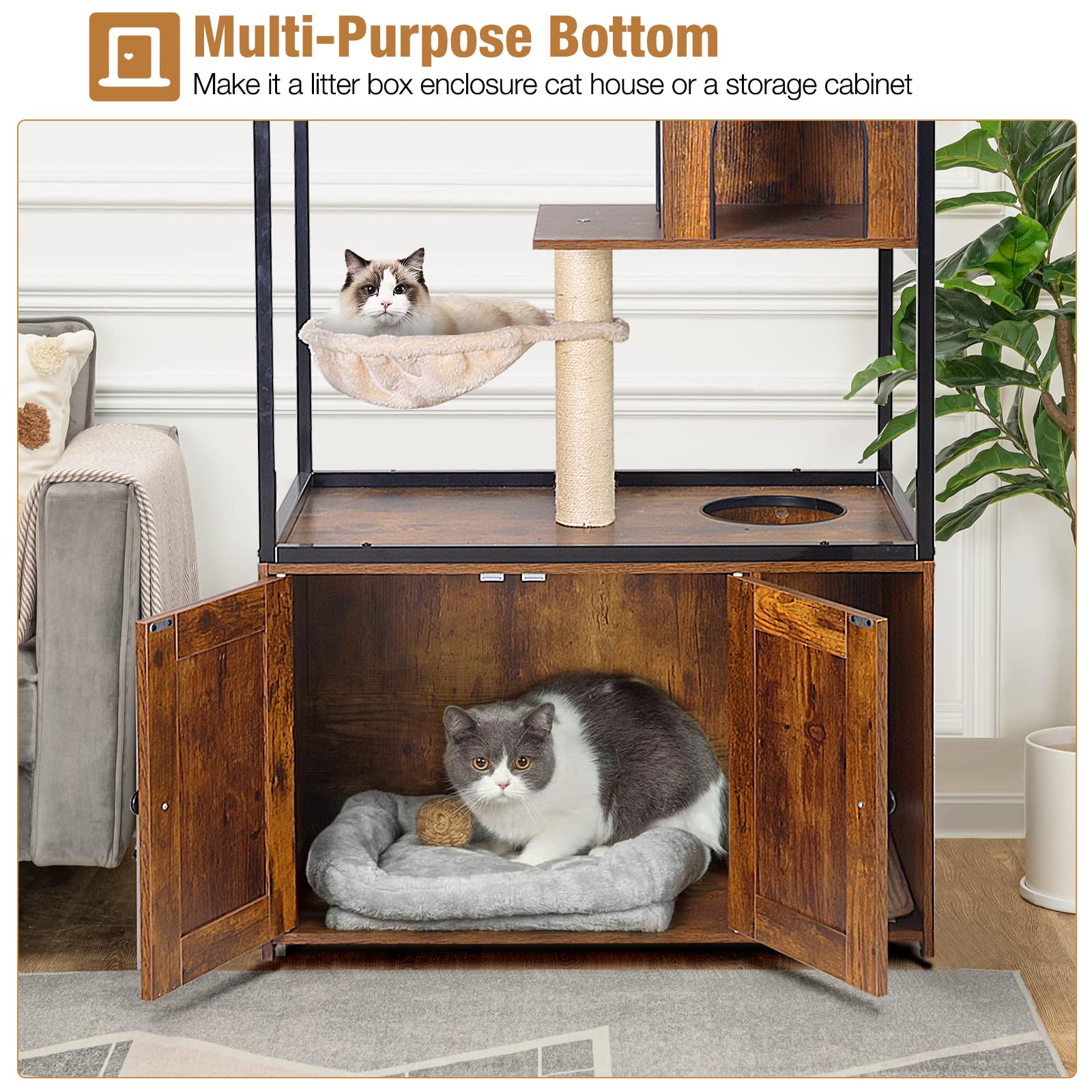 Cat Litter Box Furniture Enclosure 4 Levels Cat Tree Hidden Cabinet With Storage And Scratch,4 Tiers
