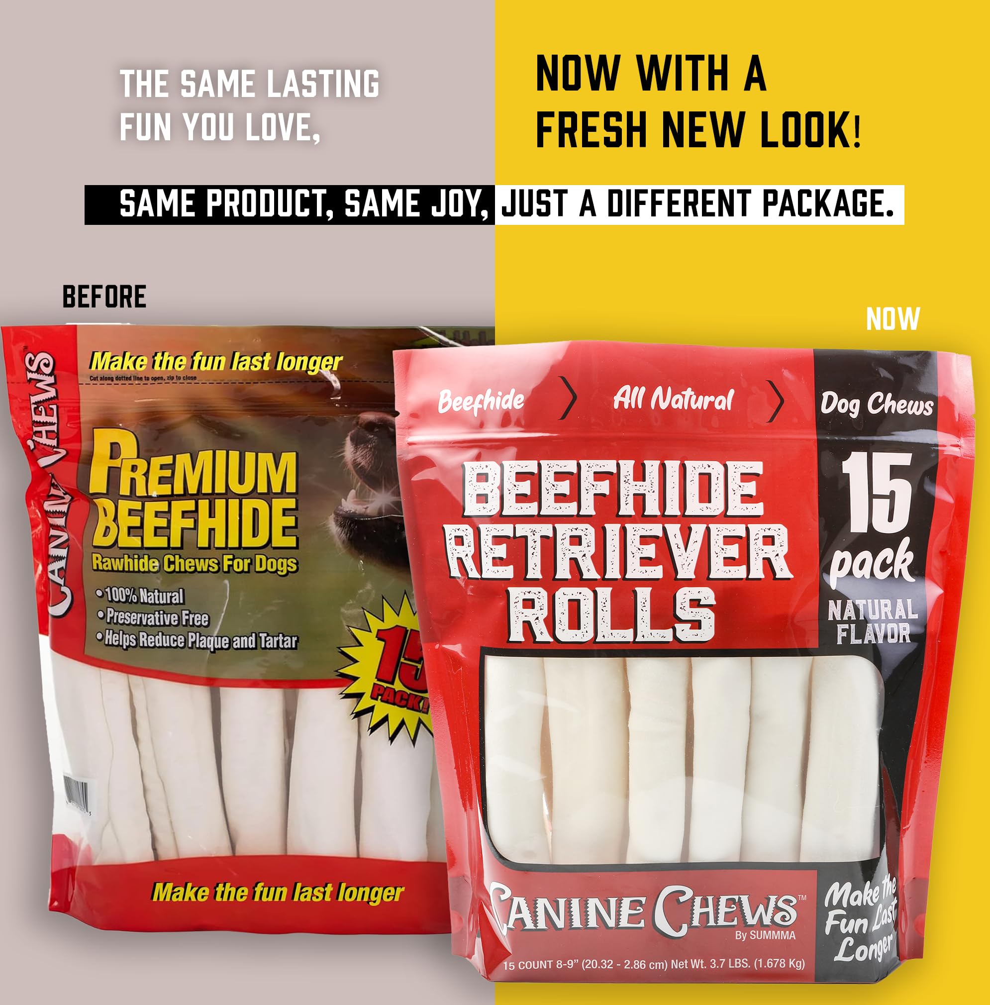 Canine Chews 8-9 Retriever Rolls for Large Dogs - Pack of 15 All-Natural Beef Hide Dog Chews for Aggressive Chewers - 3.7 lb.