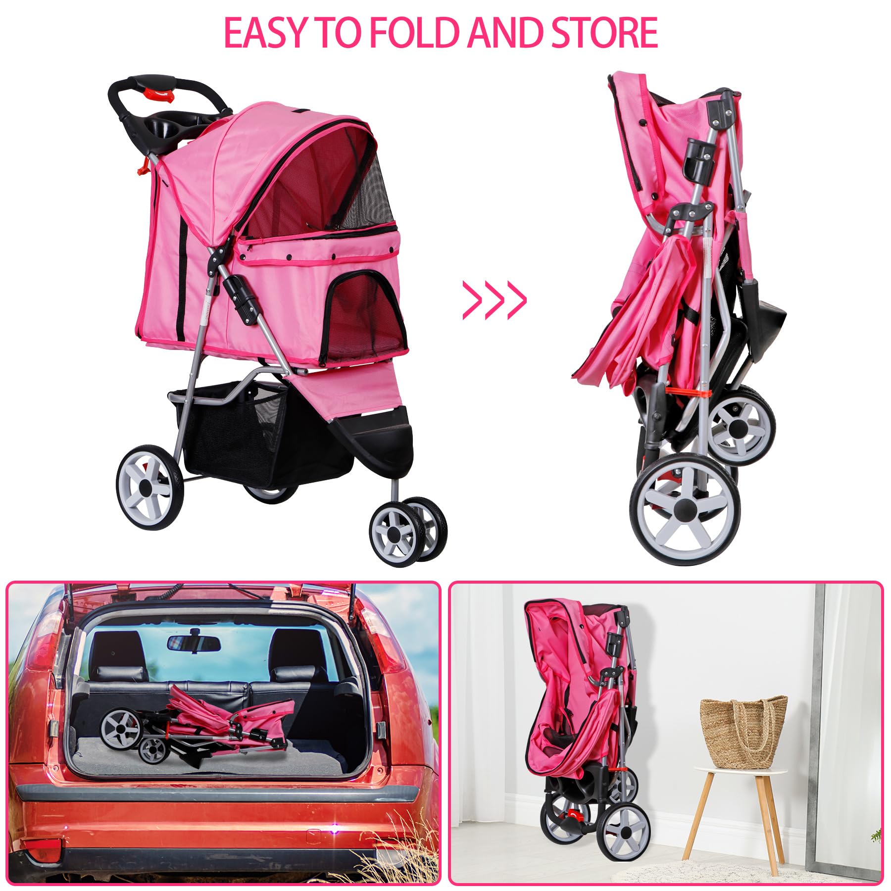 Foldable Pet Stroller For Cats And Dogs 3 Wheels Carrier Strolling Cart With Weather Cover, Storage Basket + Cup Holder (Pink)