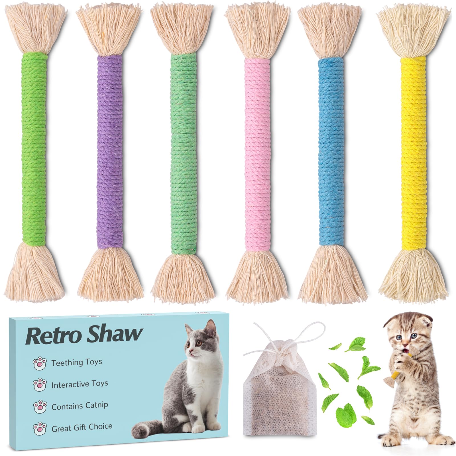 Retro Shaw Kitten Toys Cat Chew Ropes 6 Pack, Kitten Teething Toys For Indoor Cats Kitty,Catnip Kicker Sticks,Safe Cat Chew Dent