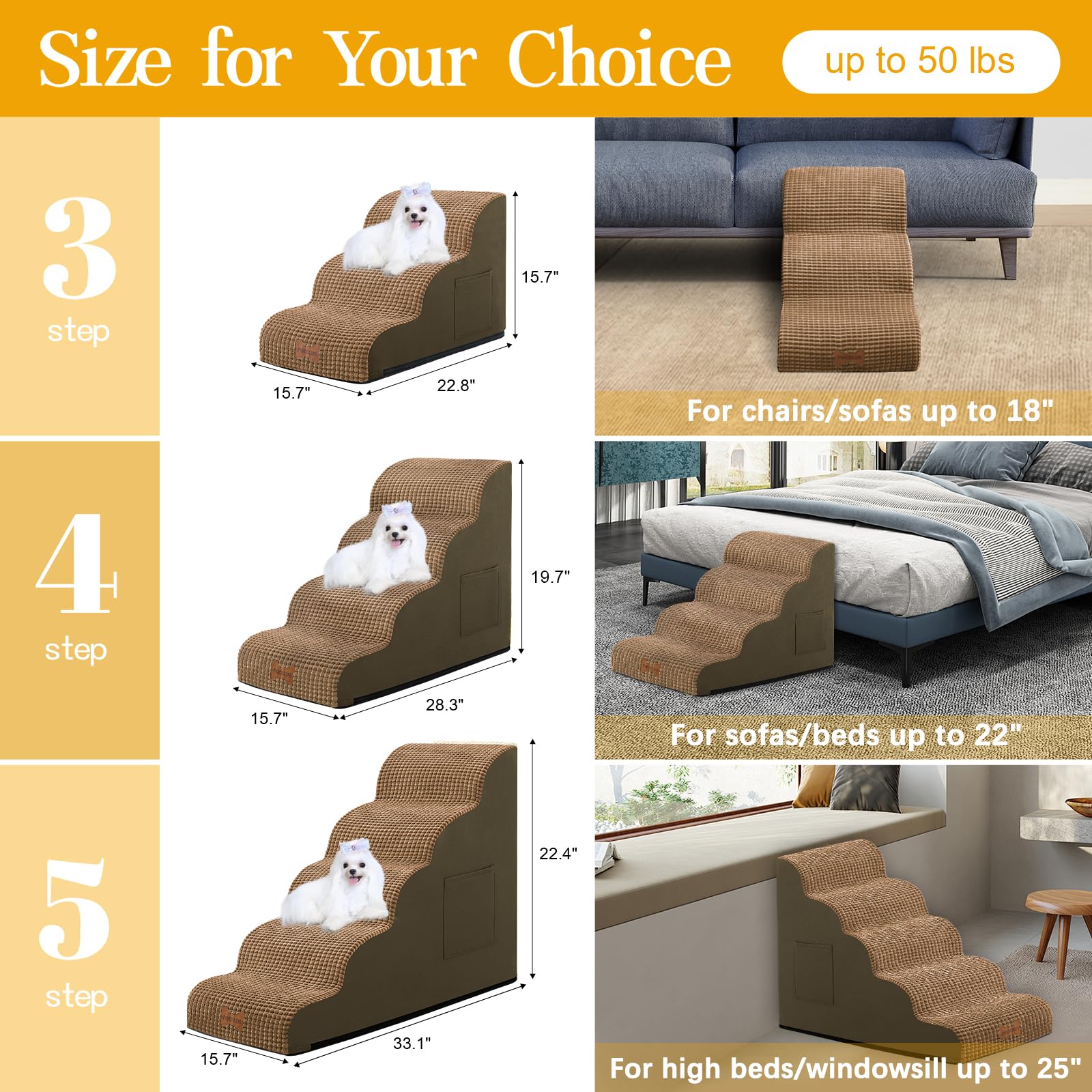 Dog Stairs For Small Dogs, Wide Pet Step With Removable Cover, No Assembly High Density Foam Cat Ramp For Bed Or Sofa, 5-Step, L