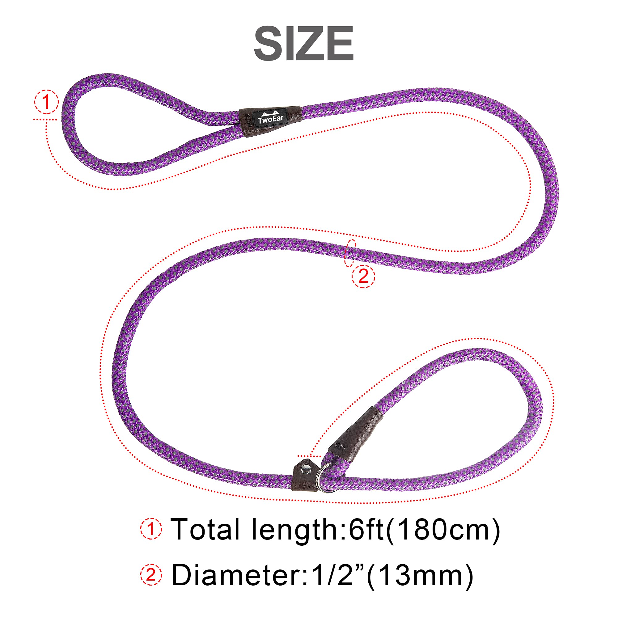 Twoear Dog Leash Dog Slip Rope Leash 6Ft Dog Training Leash Heavy Duty Strong Slip Lead Highly Reflective Threads For Small Medium And Large Dogs (Slim(3/8''X6Ft), Purple)