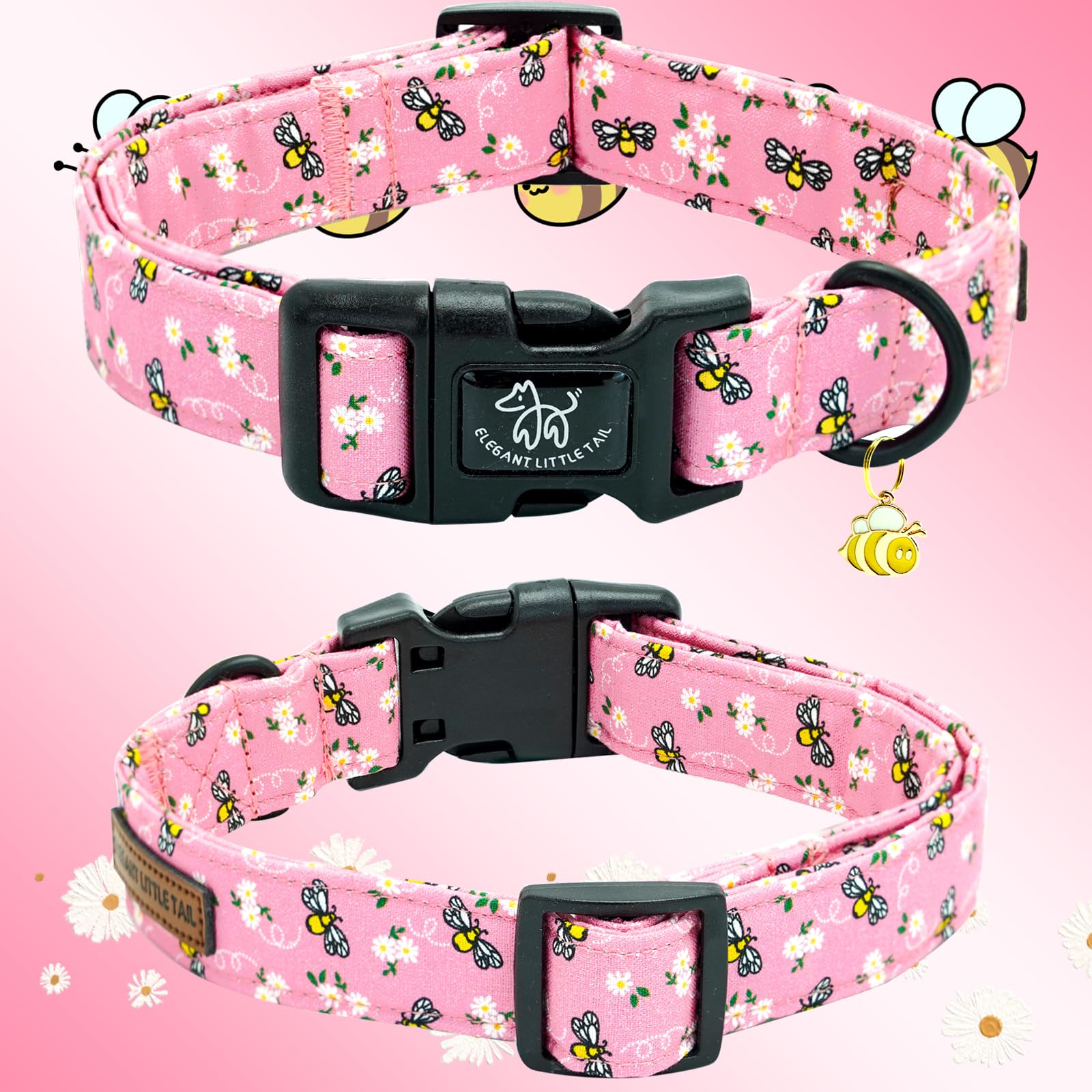 Elegant Little Tail Dog Collar,Cute Bees Pattern Pet Collar Pink Durable Holiday Female Or Male Adjustable Cotton Pet Collar Wit