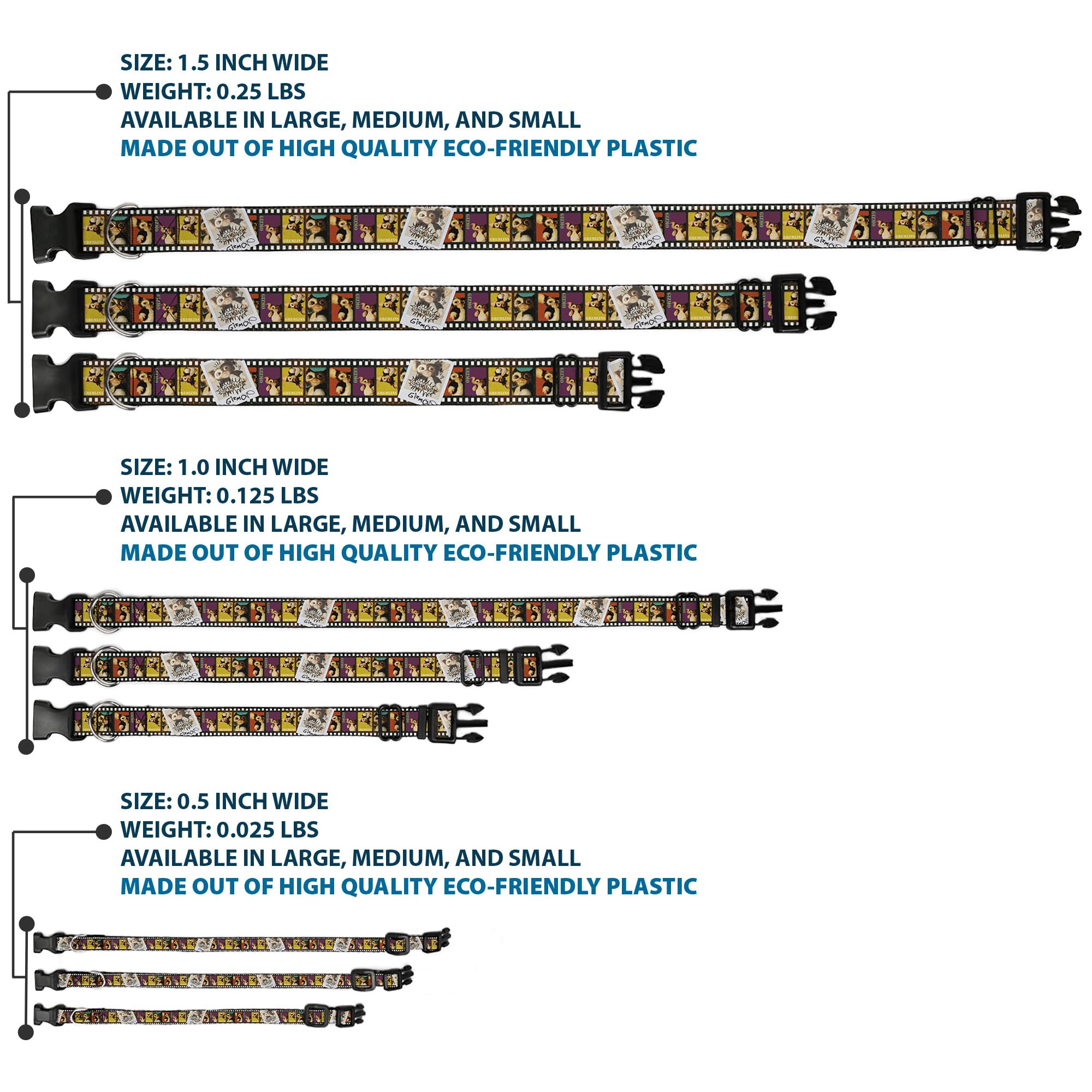 Buckle-Down Dog Collar Plastic Clip Gremlins Gizmo Filmstrip Poses Multi Color 16 To 23 Inches 1.5 Inch Wide