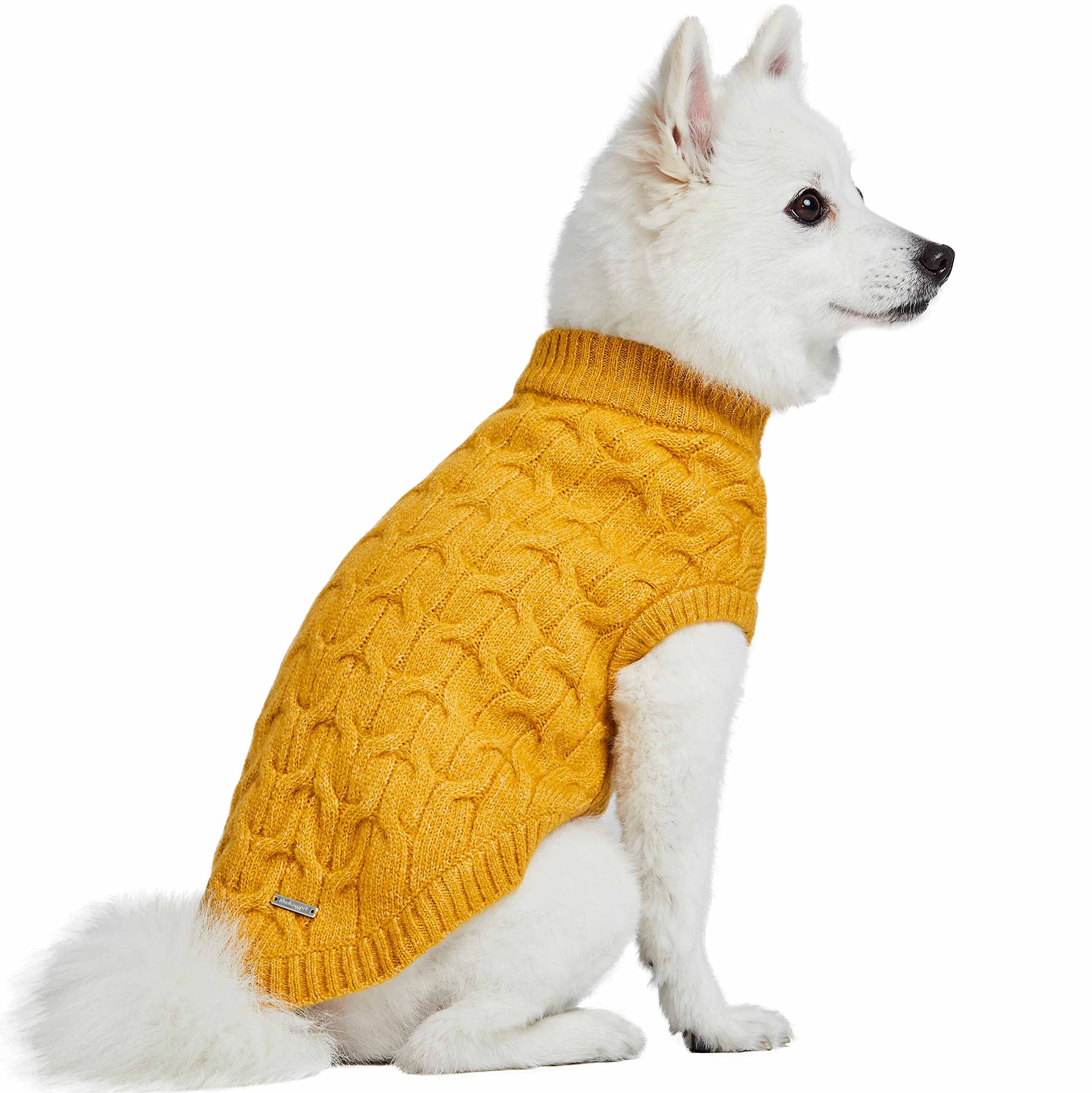 Blueberry Pet Classic Fuzzy Textured Knit Pullover Crew-Neck Dog Sweater In Mustard Yellow, Back Length 18', Pack Of 1 Clothes For Dogs
