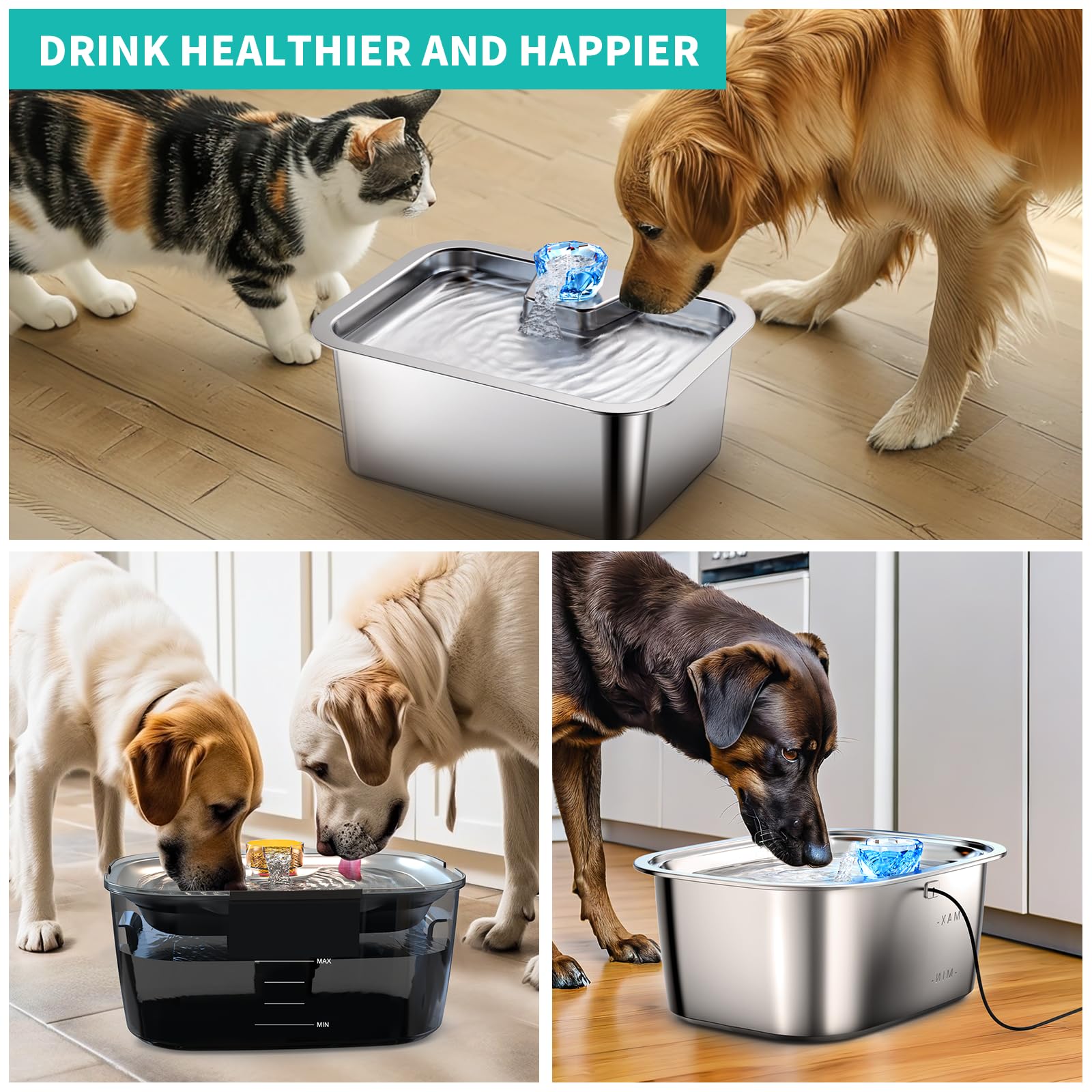 Swsun Dog Water Fountain Pump For 2.6/2 Gallons Large Dog Water Fountain Stainless Steel For Large Dogs, Replacement Water Pump For D2223, D2322, D2341 Models, Long Lifespan, Quiet And Safe, Usb Cable