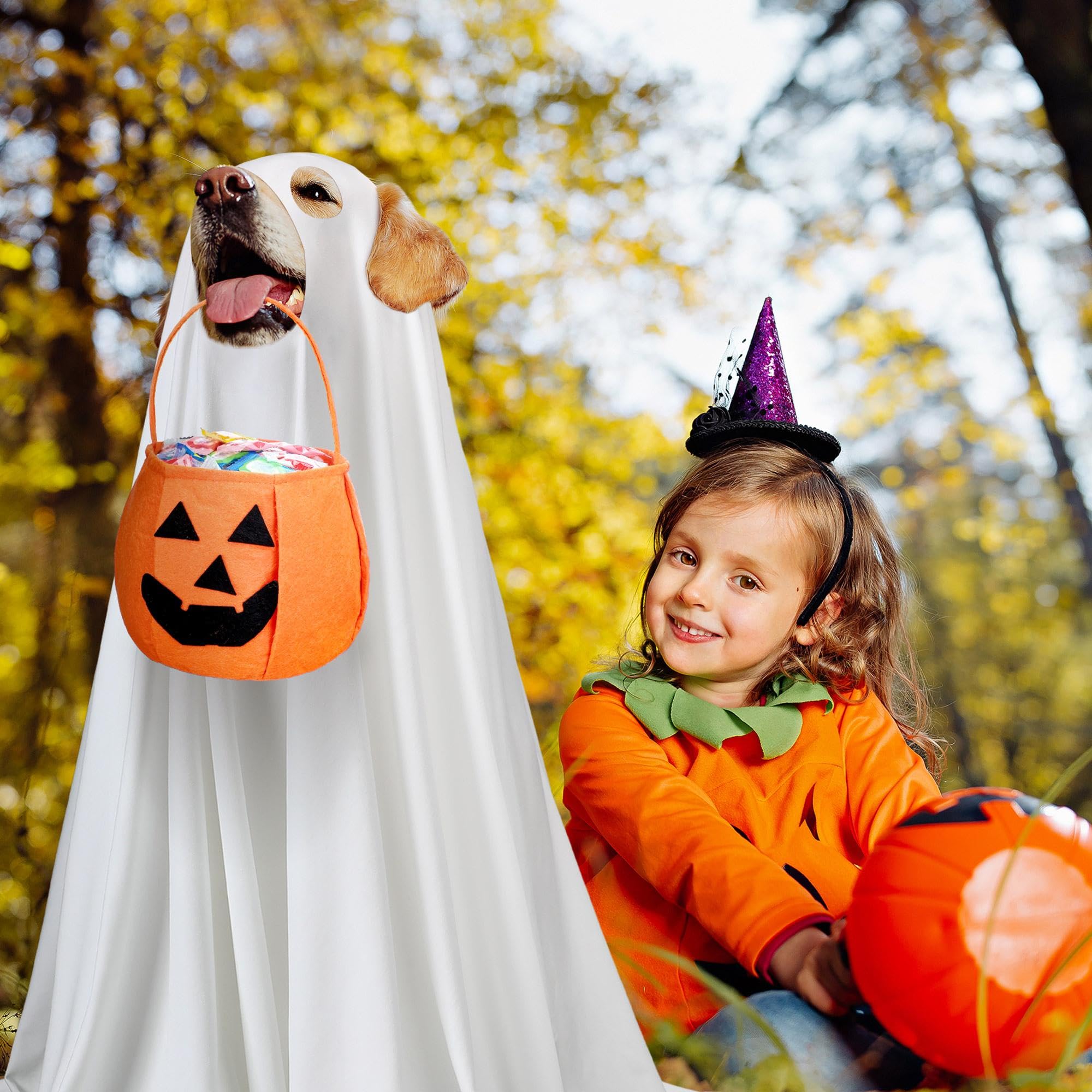 Huhumy 2 Pcs Halloween Dog Costumes with Non Woven Pumpkin Bags White Ghost Costume for Dog Cat Ghost Cosplay Clothes, Cute Part