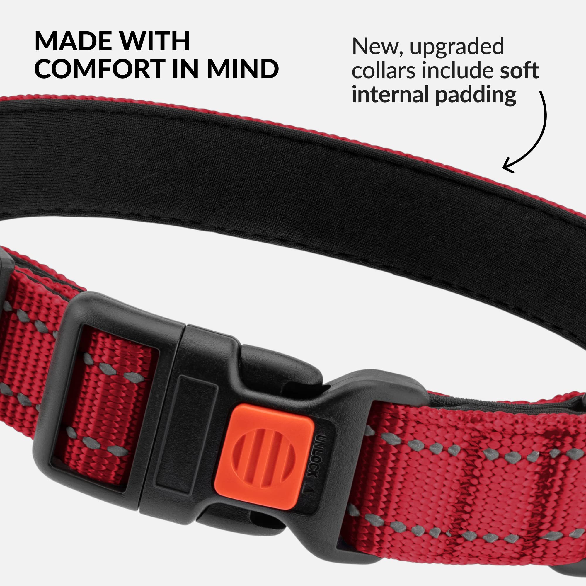 Collardirect Reflective Padded Dog Collar For A Small, Medium, Large Dog Or Puppy With A Quick Release Buckle - Boy And Girl - Nylon Suitable For Swimming (18-26 Inch, Red)
