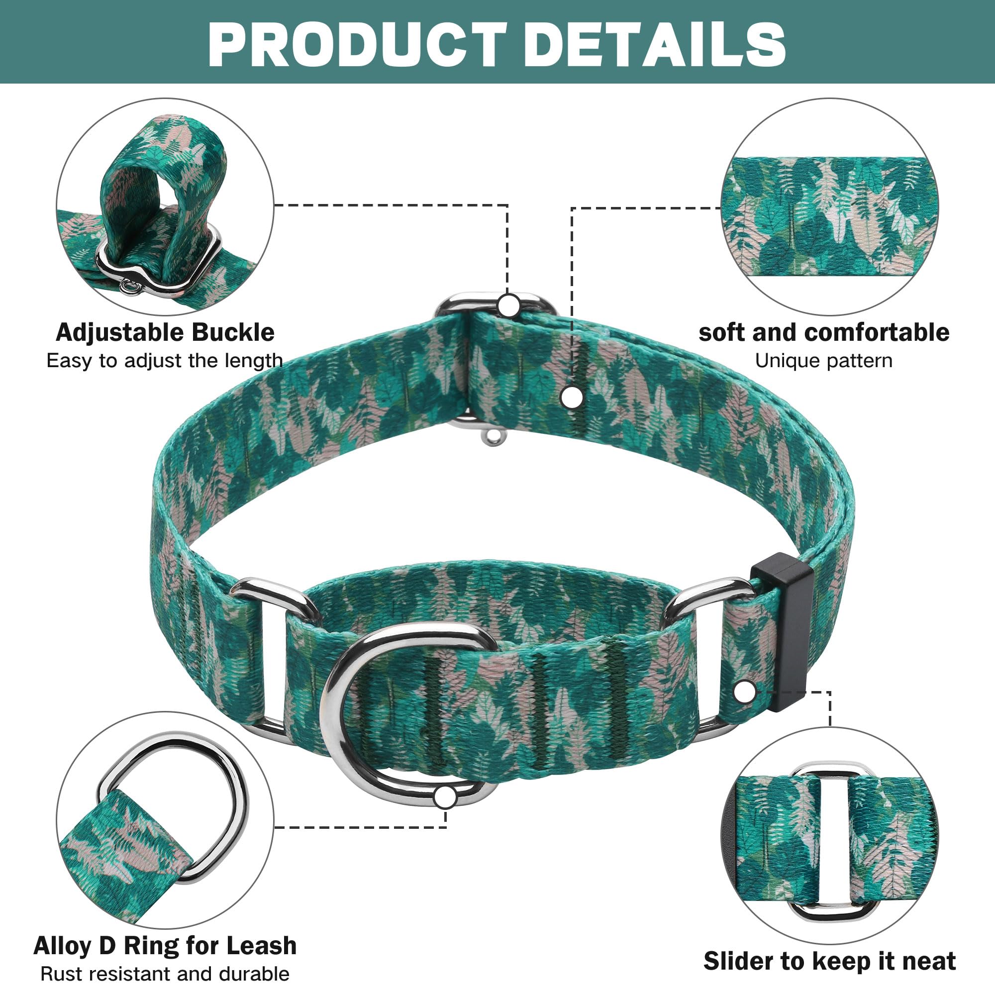 Hikiko Martingale Collar For Dogs With No Buckle Tropical Holiday Dog Collars For Small Dogs,Green Leaves,S