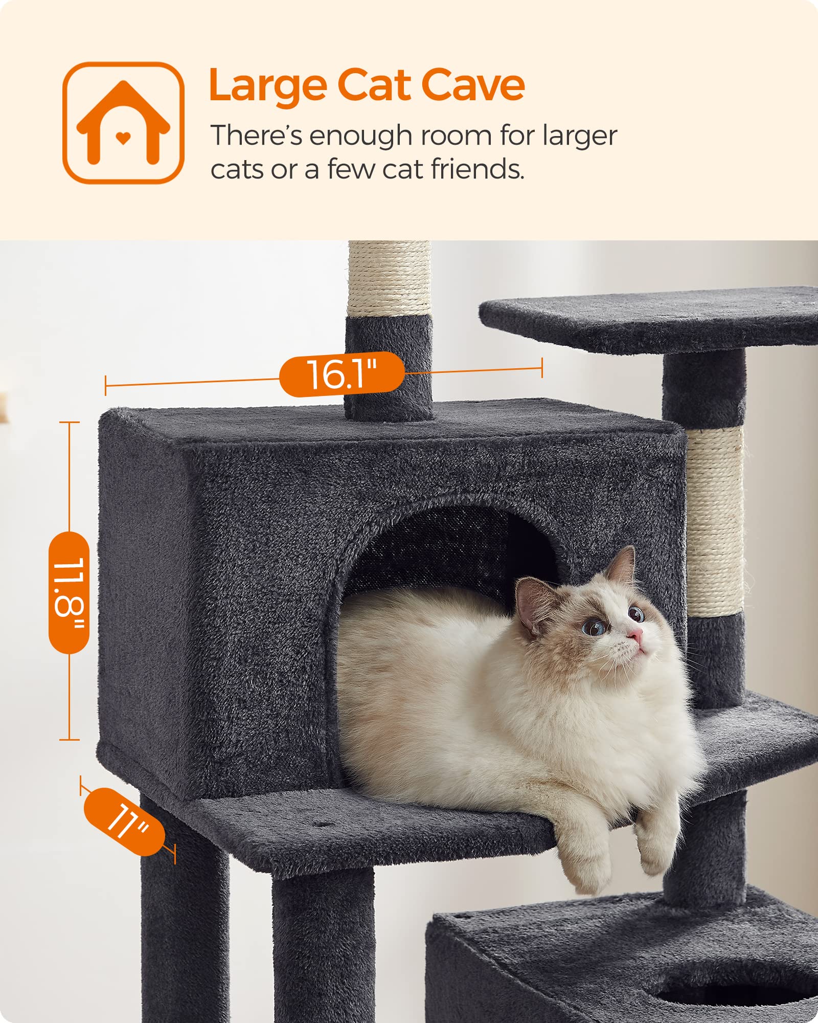 Feandrea Cat Tree, 75.2-Inch Cat Tower For Indoor Cats, Plush Multi-Level Cat Condo With 5 Scratching Posts, 2 Perches, 2 Caves, Hammock, 2 Pompoms, Smoky Gray Upct191G01