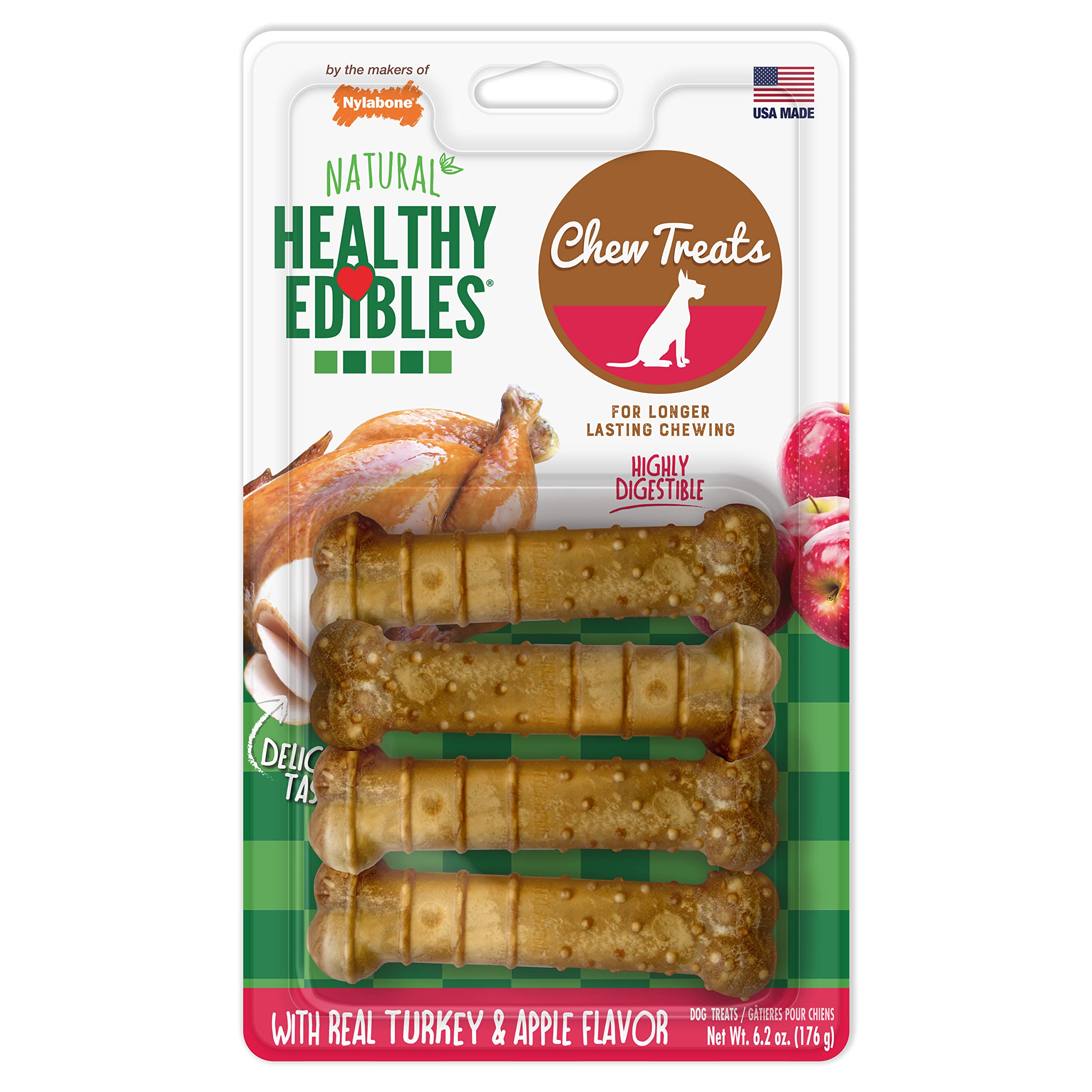 Nylabone Healthy Edibles All-Natural Long Lasting Turkey & Apple Dog Chew Treats 4 count Turkey & Apple Small/Regular