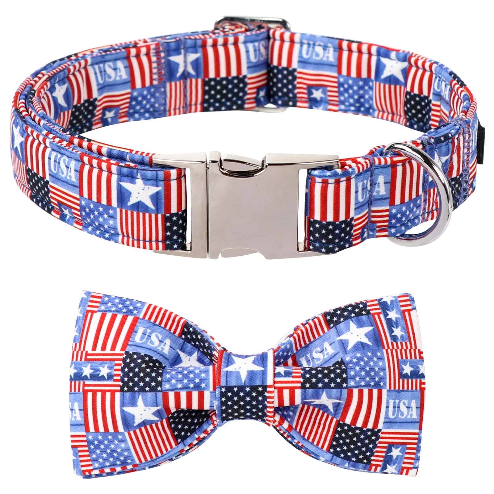Lionet Paws 4Th Of July Dog Collar With Bowtie, Cute Summer Dog Collar For Girl For Medium Dogs, Adjustable Cotton Usa Flag Pet 