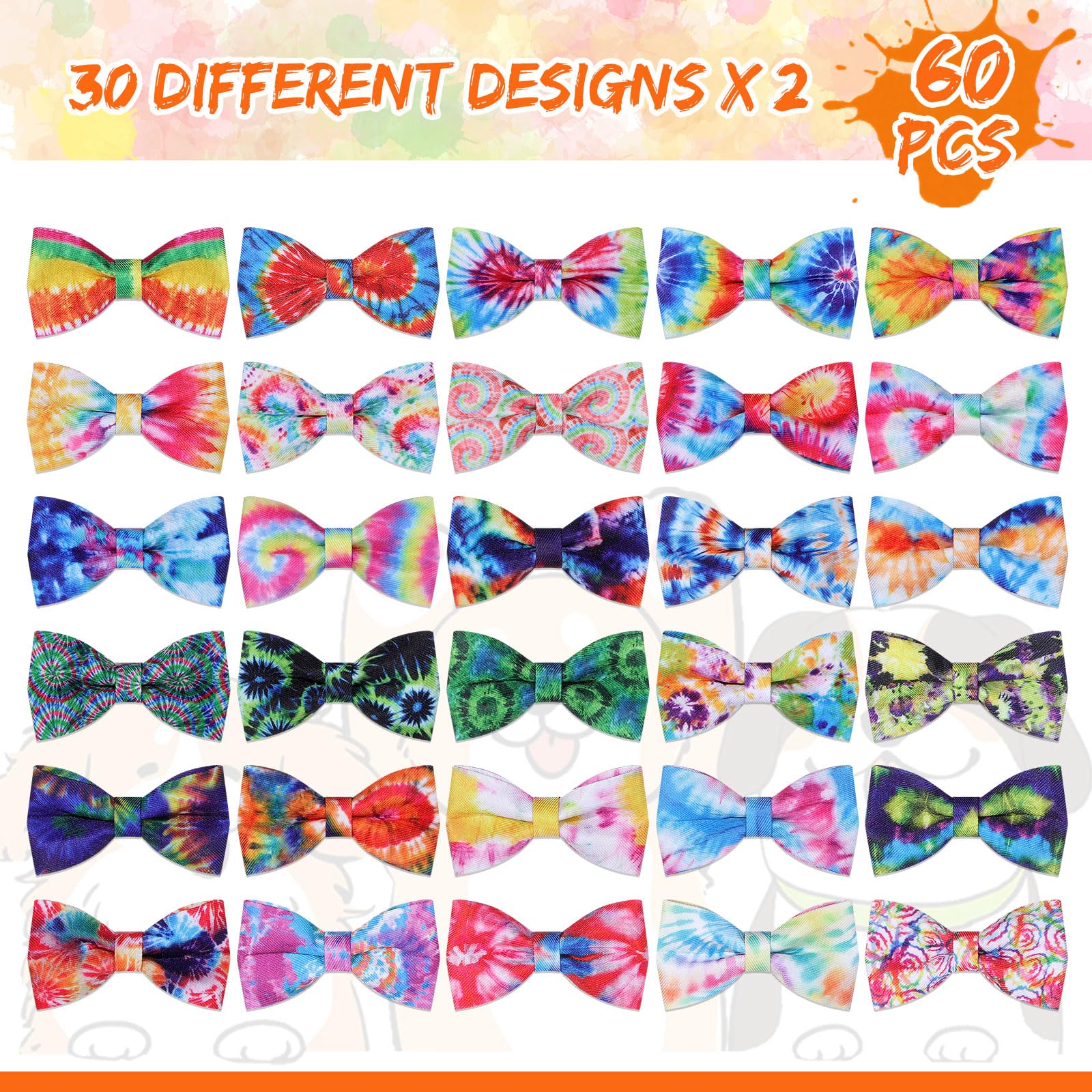 Cosblank 60 Pcs Tie Dye Dog Collar Bow Ties Bulk Dog Grooming Supplies Bowtie Accessories Puppy Bows Detachable Collar Charms Fo