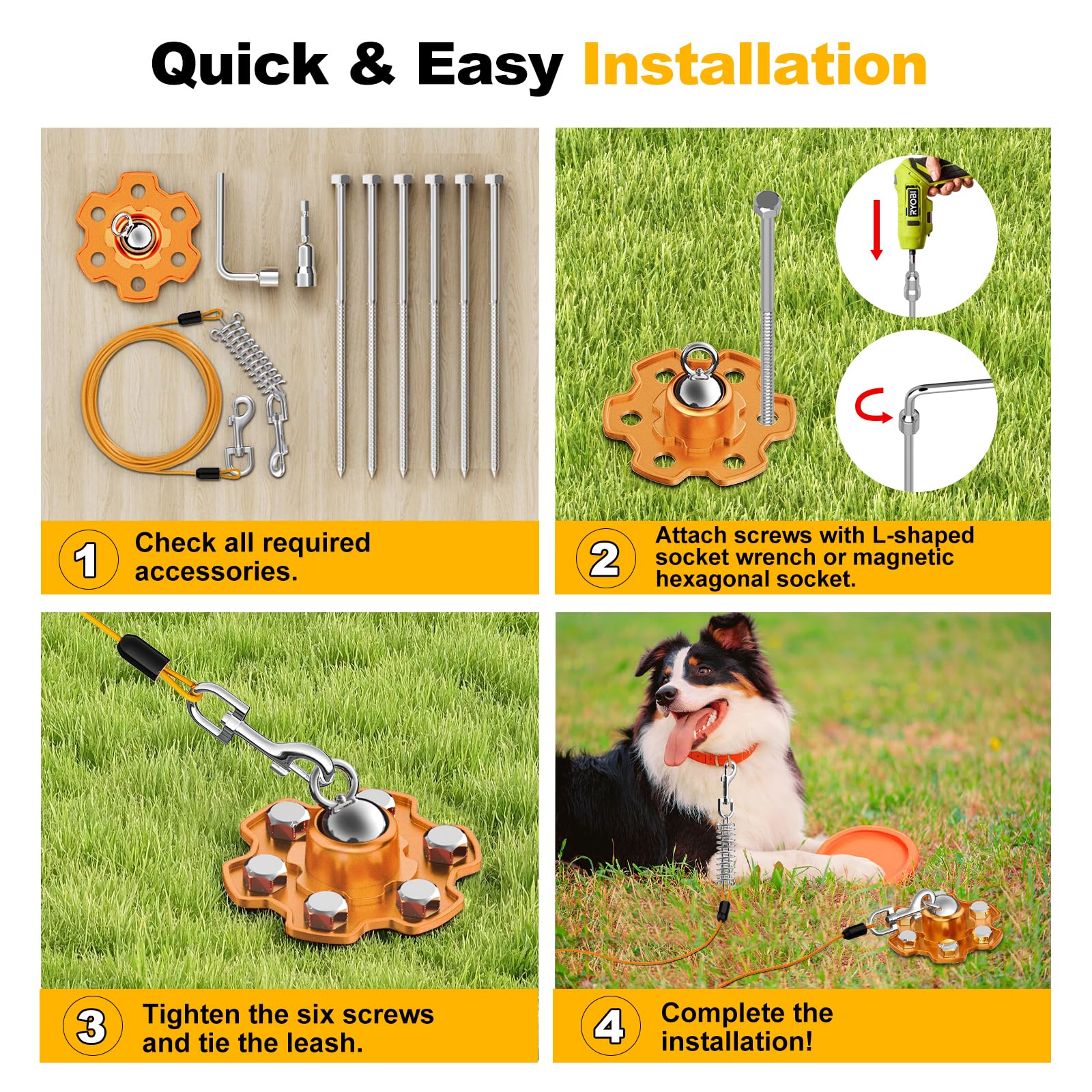 Tivray Dog Tie Out Stake And Cable, 360 Swivel Stake No Tangle, Heavy Duty Tether For Yard With 30 Ft Cable, 6 Screw, Dog Runner