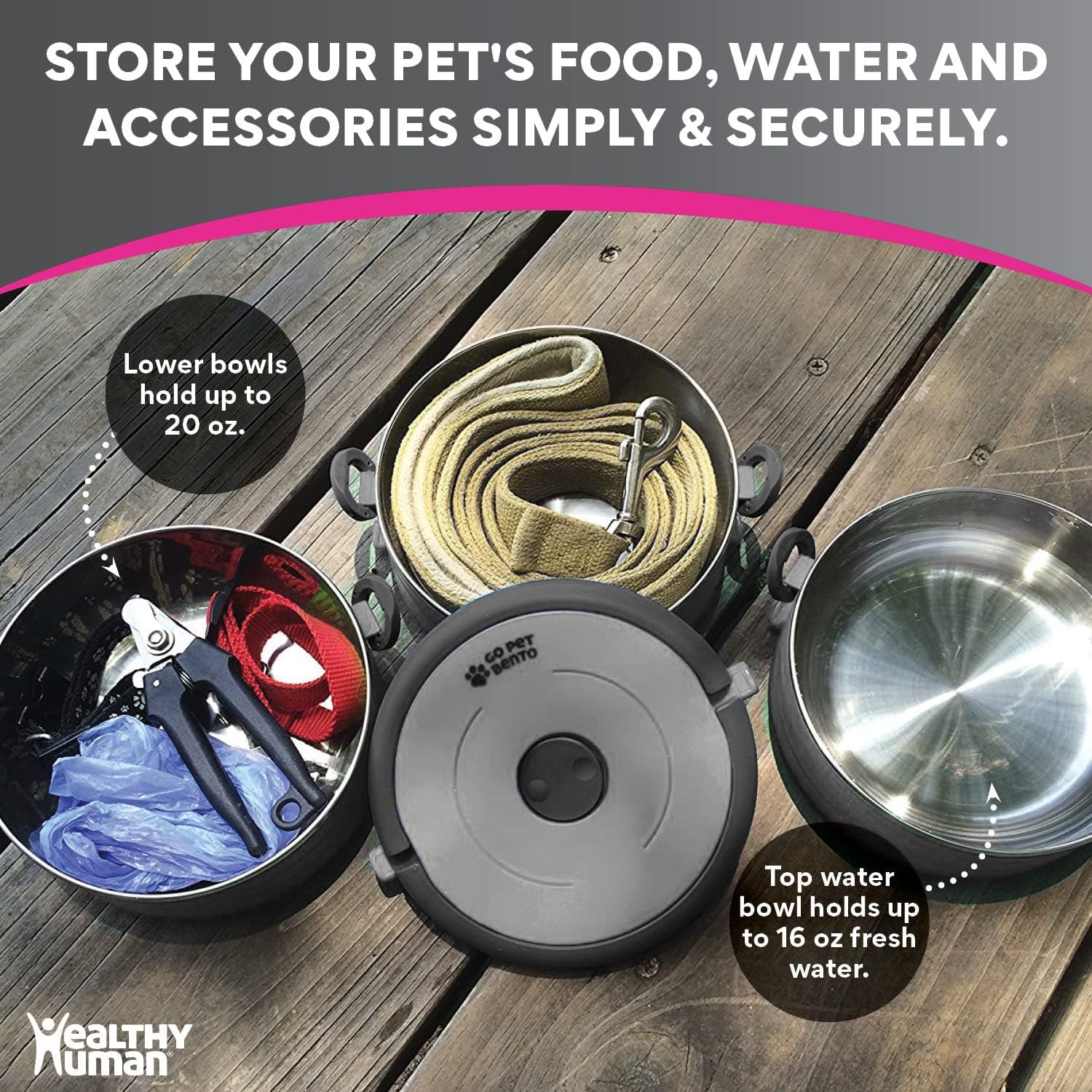Healthy Human Travel Pet Bento Bowls - Human-Grade Stainless Steel & BPA-Free, Leak-Proof Water & Food Container Set for Dogs &