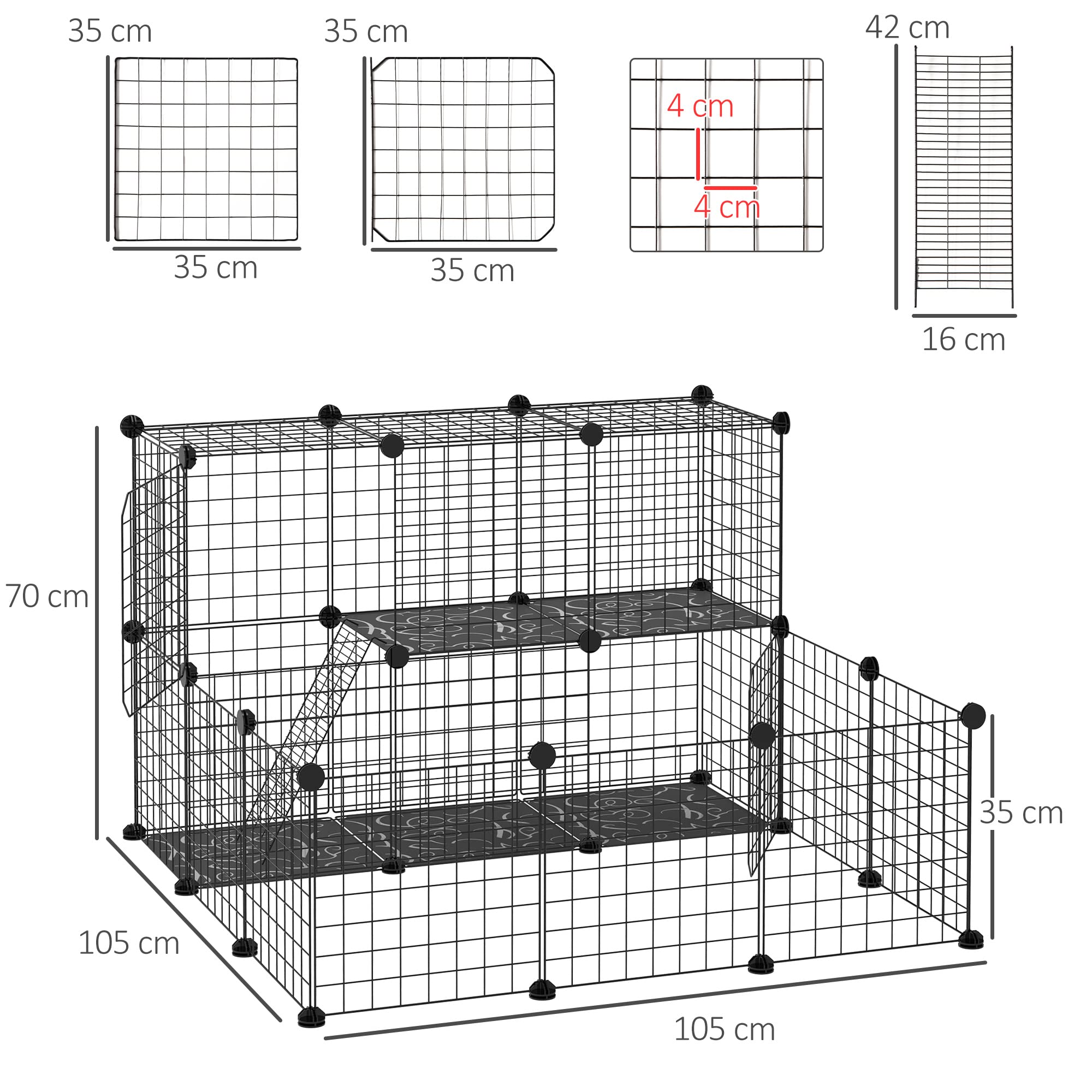 Pawhut Pet Playpen W/ Door Customisable Fence For Guinea Pigs Hamsters Chinchillas Hedgehogs - Black