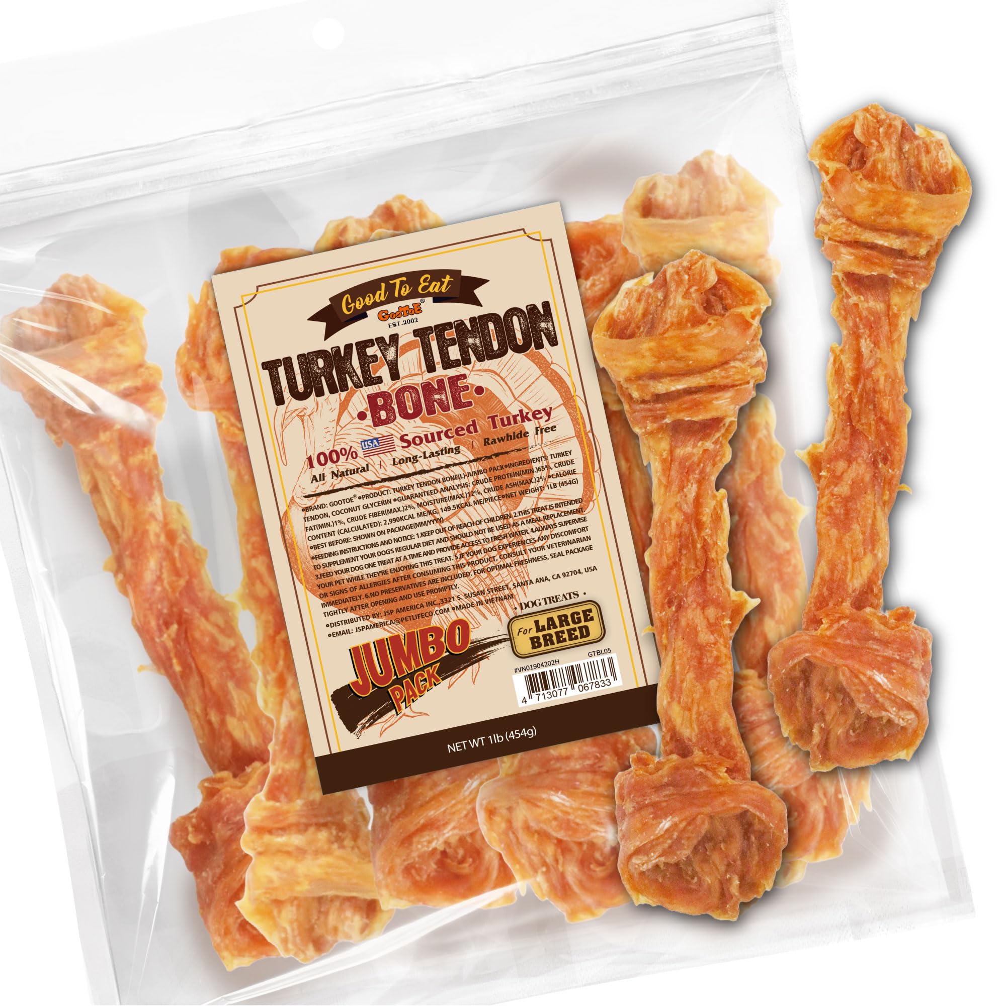 Gootoe Turkey Tendon Dog Treats, Bone (L) 1 lb, 100% USA Sourced Turkey, Natural Snack, Premium Puppy Chews, Hypoallergenic, Raw