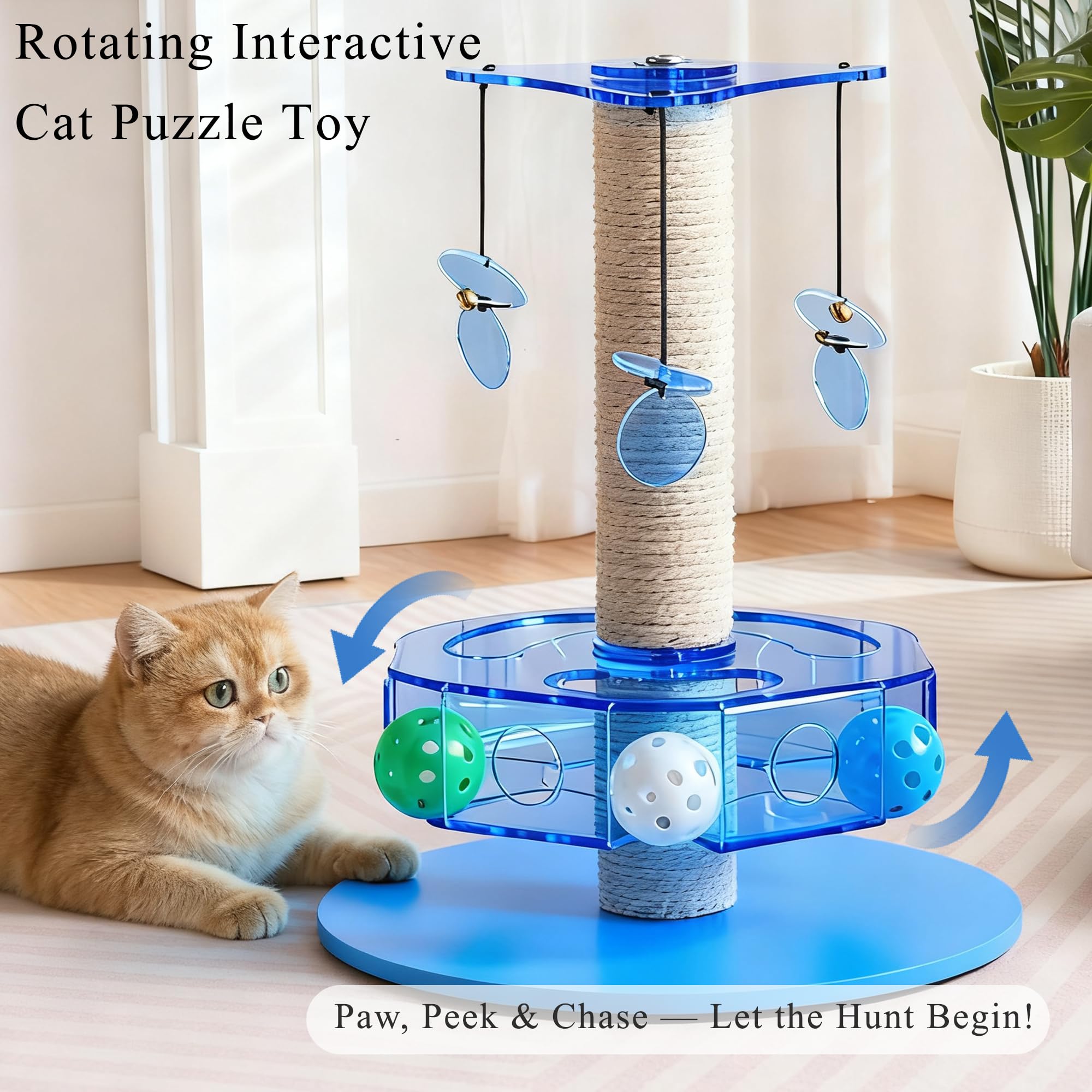Kicari 3-in-1 Interactive Cat Toy with Scratching Post, Acrylic, Blue, 11.42"x11.42"x13.19", Model Blue-001, Rotating Puzzle