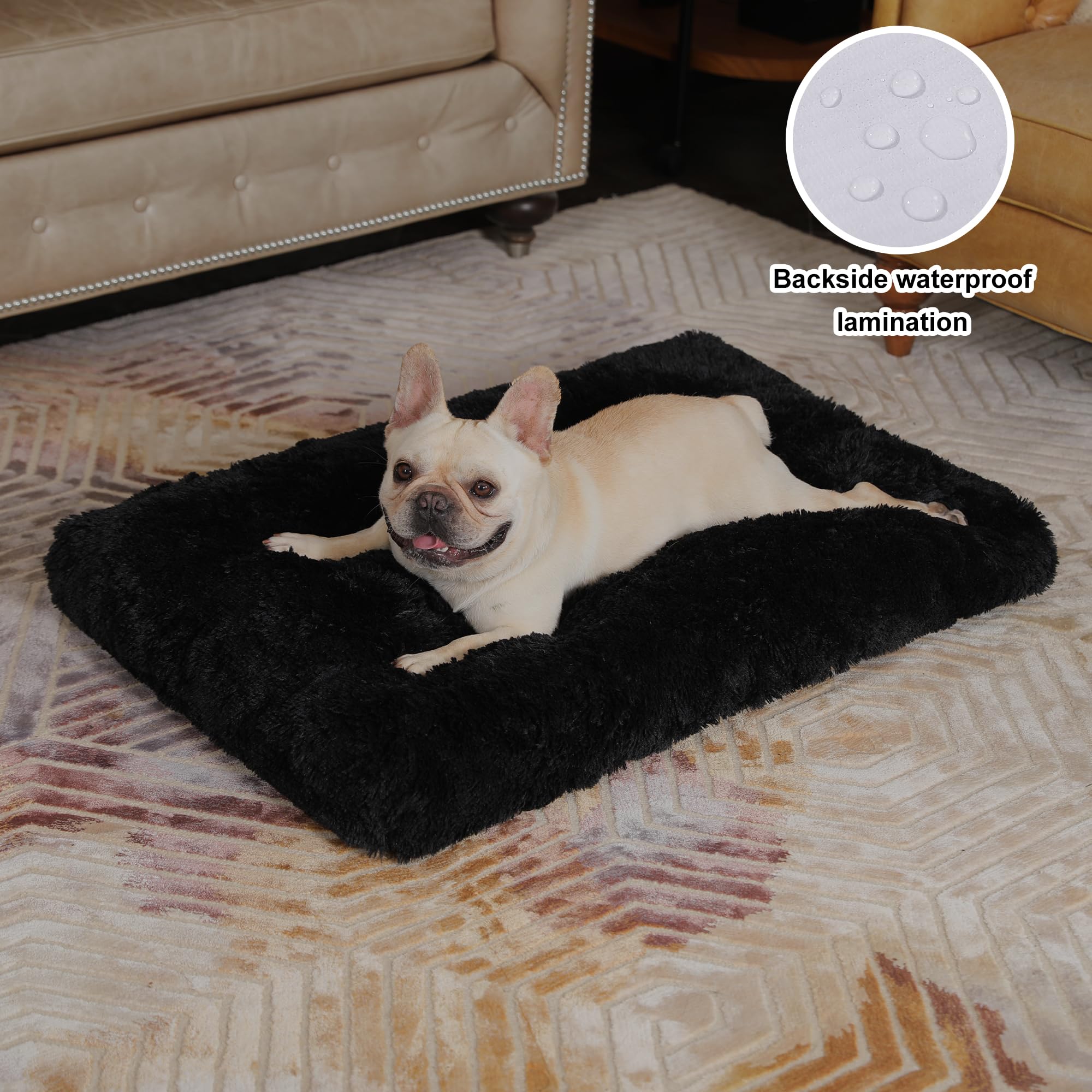 Bedfolks Waterproof Crate Pad, Plush Faux Fur Dog Bed With Removable Cover For Medium Dogs, Fluffy Washable Kennel Bed 29''X21''