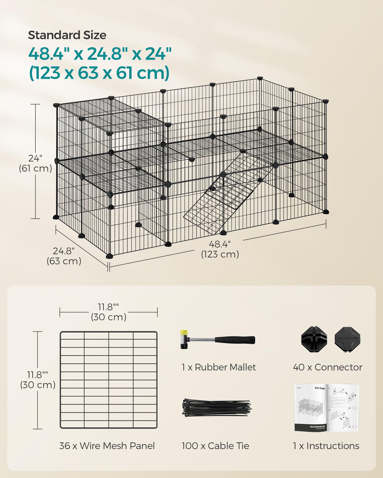 Songmics 36 Panels Pet Playpen, Small Animal Playpen, Rabbit Guinea Pig Cage, Zip Ties Included, Metal Wire Apartment-Style Two-