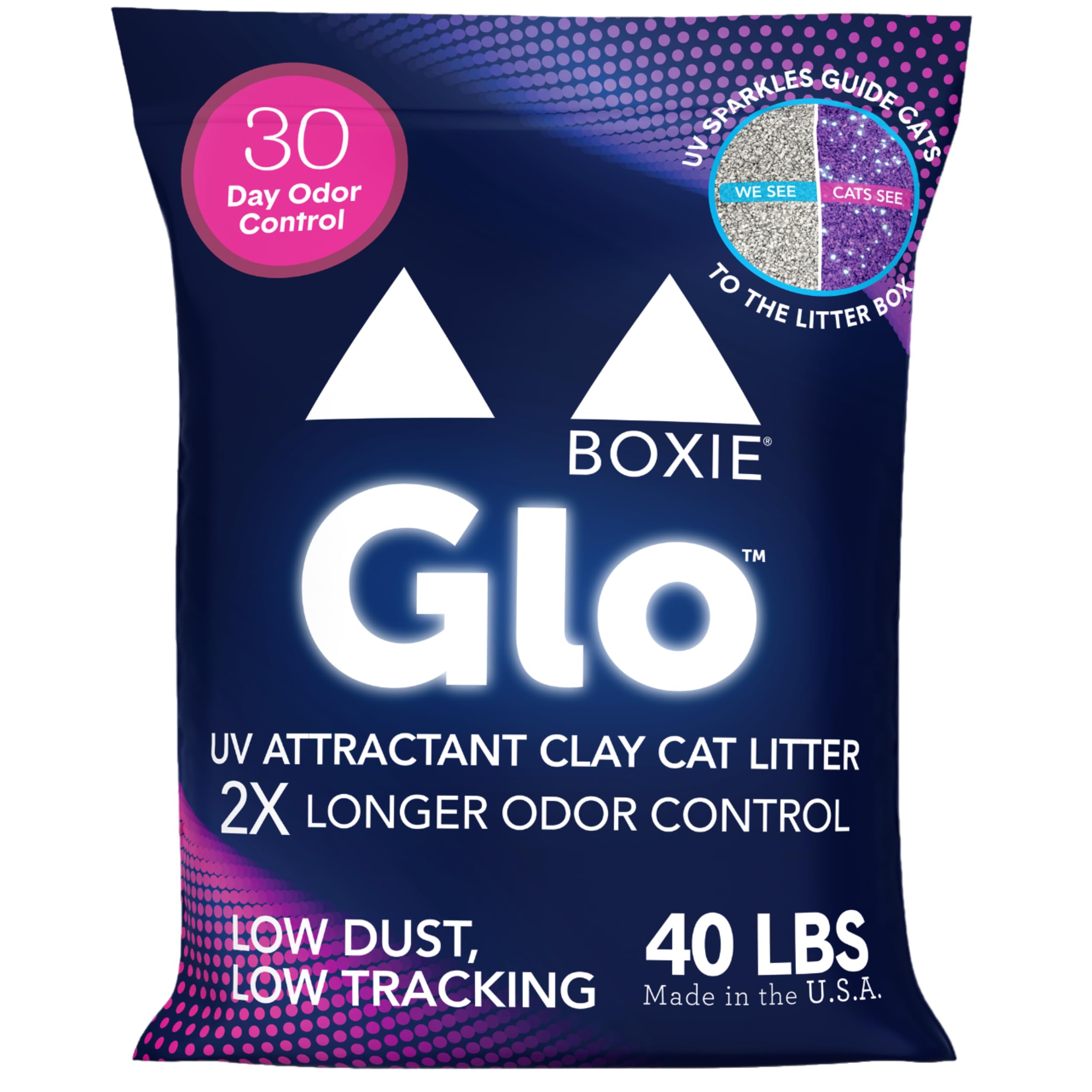 Boxie Glo 30 Day Odor Control Clumping Clay Cat Litter, 40 lb, Multi-Cat, 99.9% Dust-Free, Low Tracking, UV Light Attractant, Su