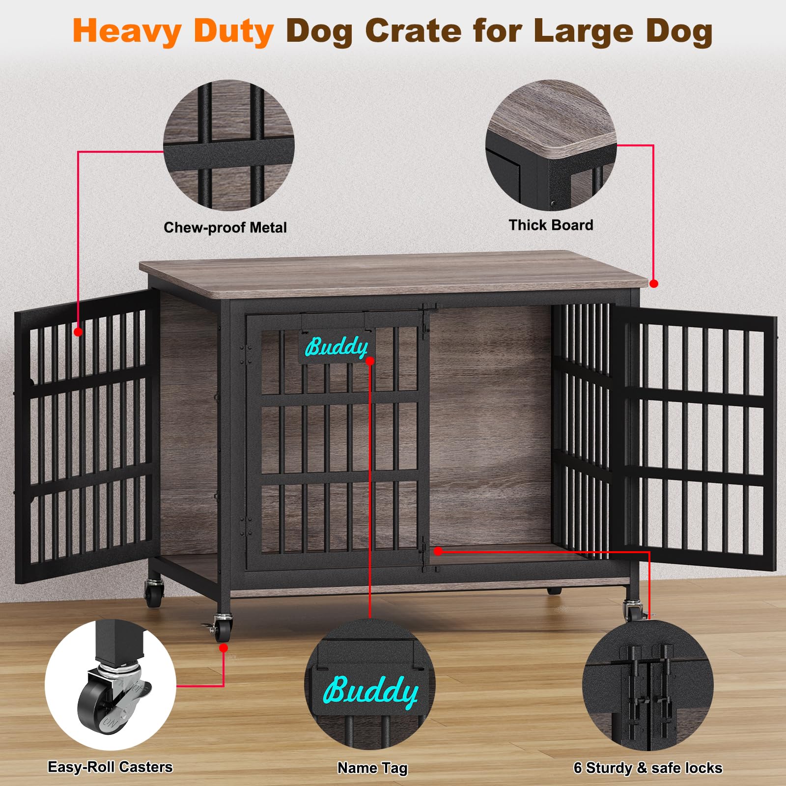 EasyCom 42/41/33 XL Dog Crate Furniture with Casters, Heavy Duty Dog Kennel Indoor for Large and Medium Dogs, Double-Doors Sturd