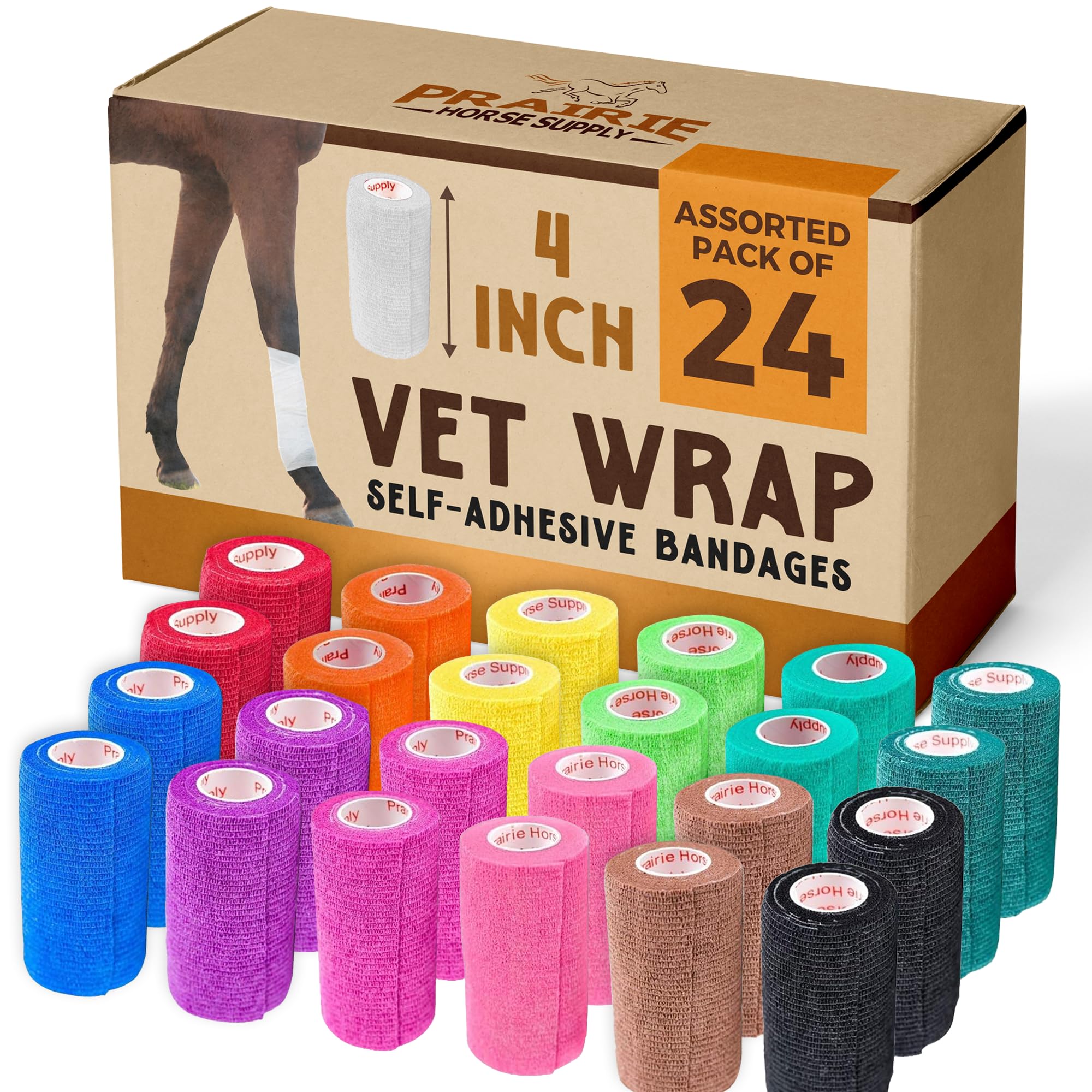 Prairie Horse Supply 24 Rolls Black Self Adhesive Bandage Wrap 4 Inch Elastic Cohesive Vet Tape for First Aid, Medical, Sport & 