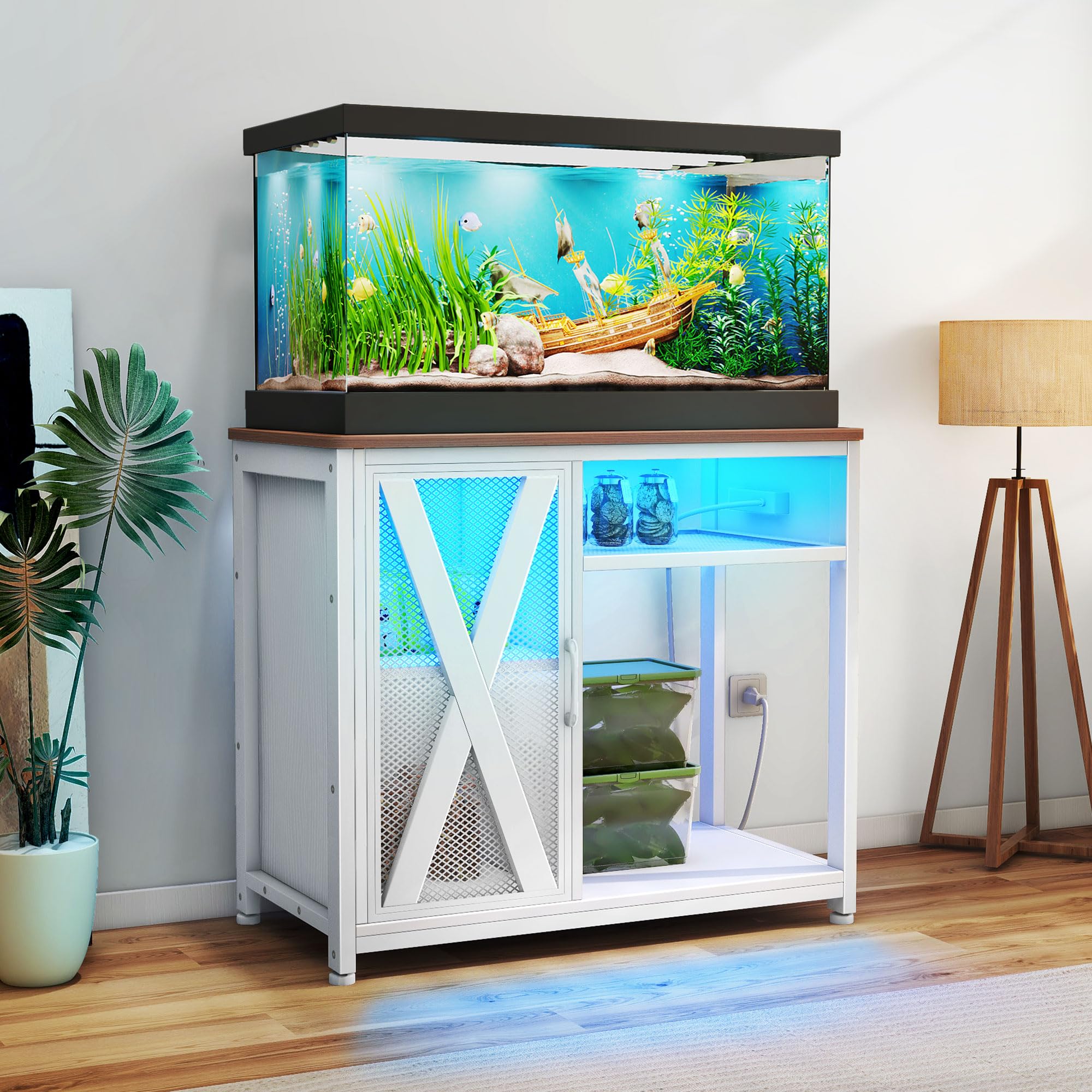 DWVO 40-50 Gallon Aquarium Stand with Power Outlets & LED Light, Cabinet for Fish Tank Accessories Storage - Metal Fish Tank Sta