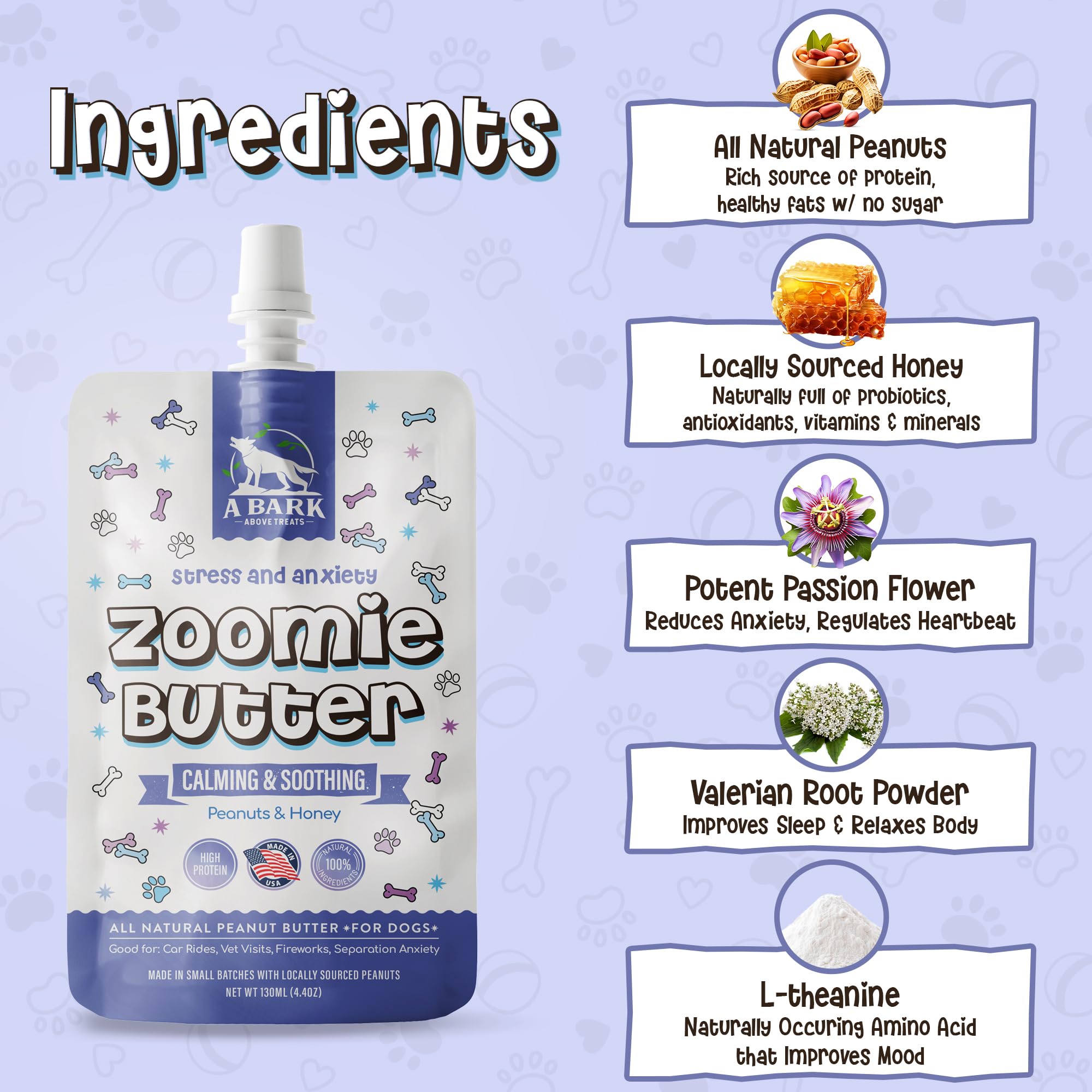 Zoomie Butter Stress & Anxiety Dog Peanut Butter Squeeze Supplement, All Natural Calming Dog Treat. Human Grade & Safe Puppy Foo
