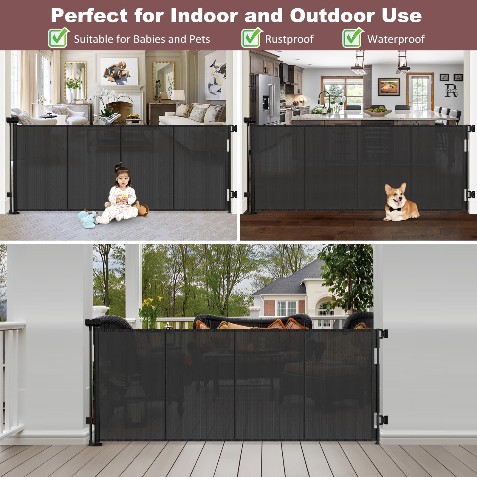 Reinforced 41 Inch Extra Tall Retractable Baby Gates 80'' Wide Retractable Dog Gate with Support Rods - Prevents Crawling Under,