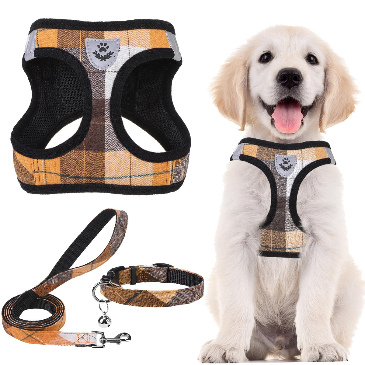 Pupteck Adjustable Dog Harness Collar And Leash Set Step In No Pull Pet Harness For Small Medium Dogs Puppy And Cats Outdoor Walking Running, Soft Mesh Padded Reflective Vest Harnesses, Orange Xs