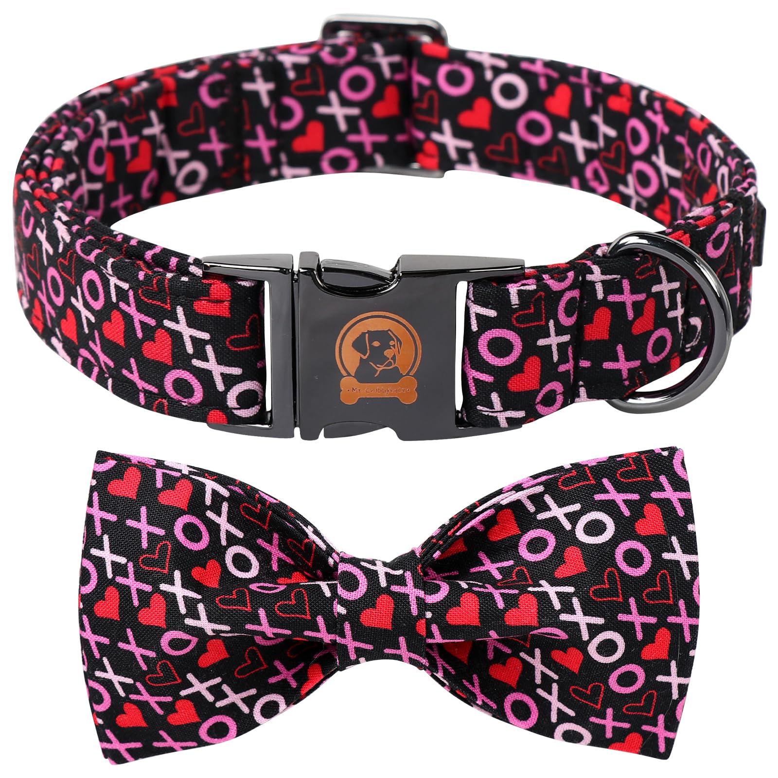 Mr. Chubbyface Valentine'S Dog Collar With Bowtie, Xoxo Red Heart Dog Collar With Metal Buckle, Cute Adjustable Boy Girl Female 