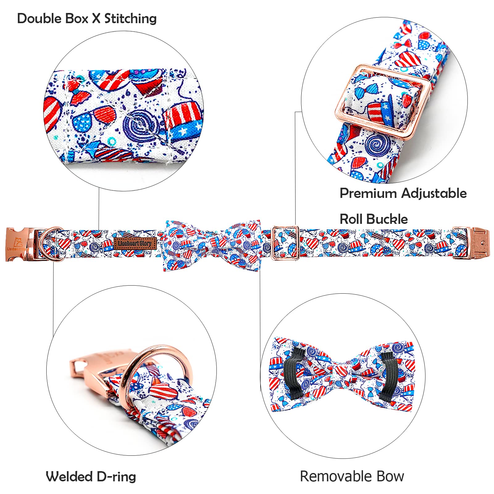 Lionheart Glory American Flag Dog Collar, 4 Of July Dog Bow Collar Heavy Duty Adjustable Patriotic Dog Collar With Bowtie For Me