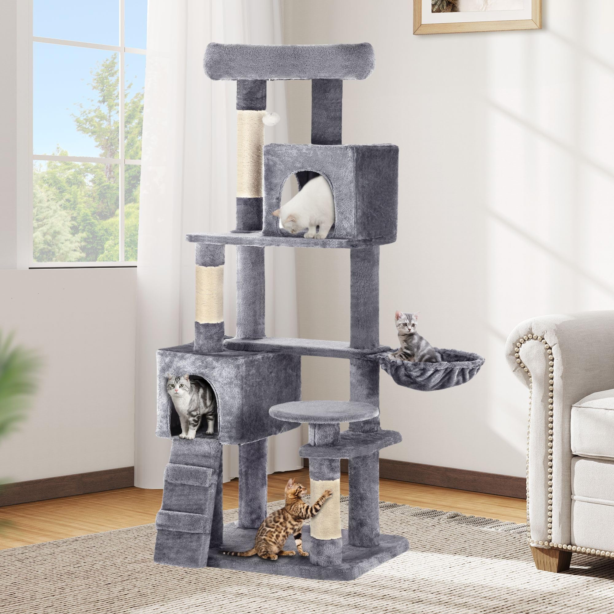 Dwvo 64.5'' Tall Cat Tree, Multi-Tier Cat Condo With Hammock, Scratching Posts & Play Balls For 2-3 Cats (Dark Gray)