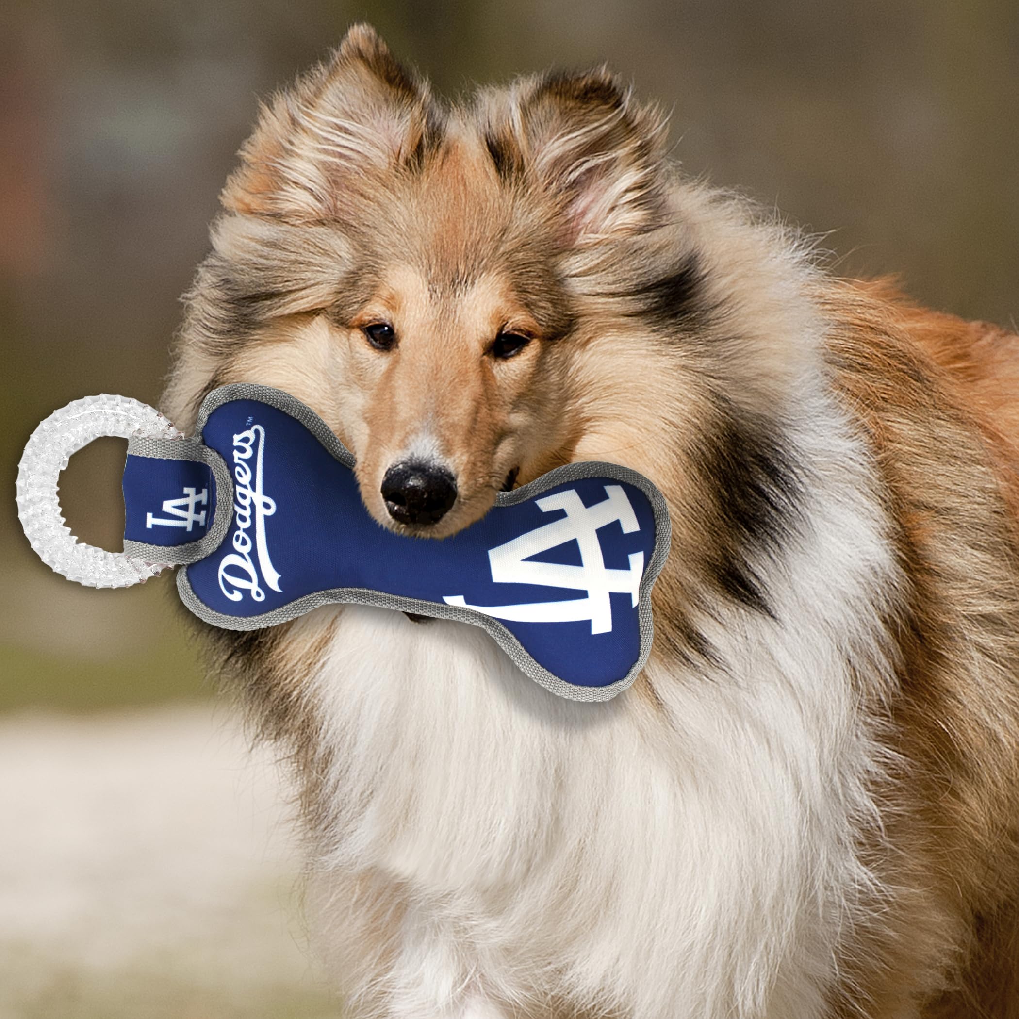 Mlb Los Angeles Dodgers Bone Shaped Dental Dog Tug Toy With Squeaker. Tough Pet Toy For Healthy Fun, Teething, And Cleaning Pet'