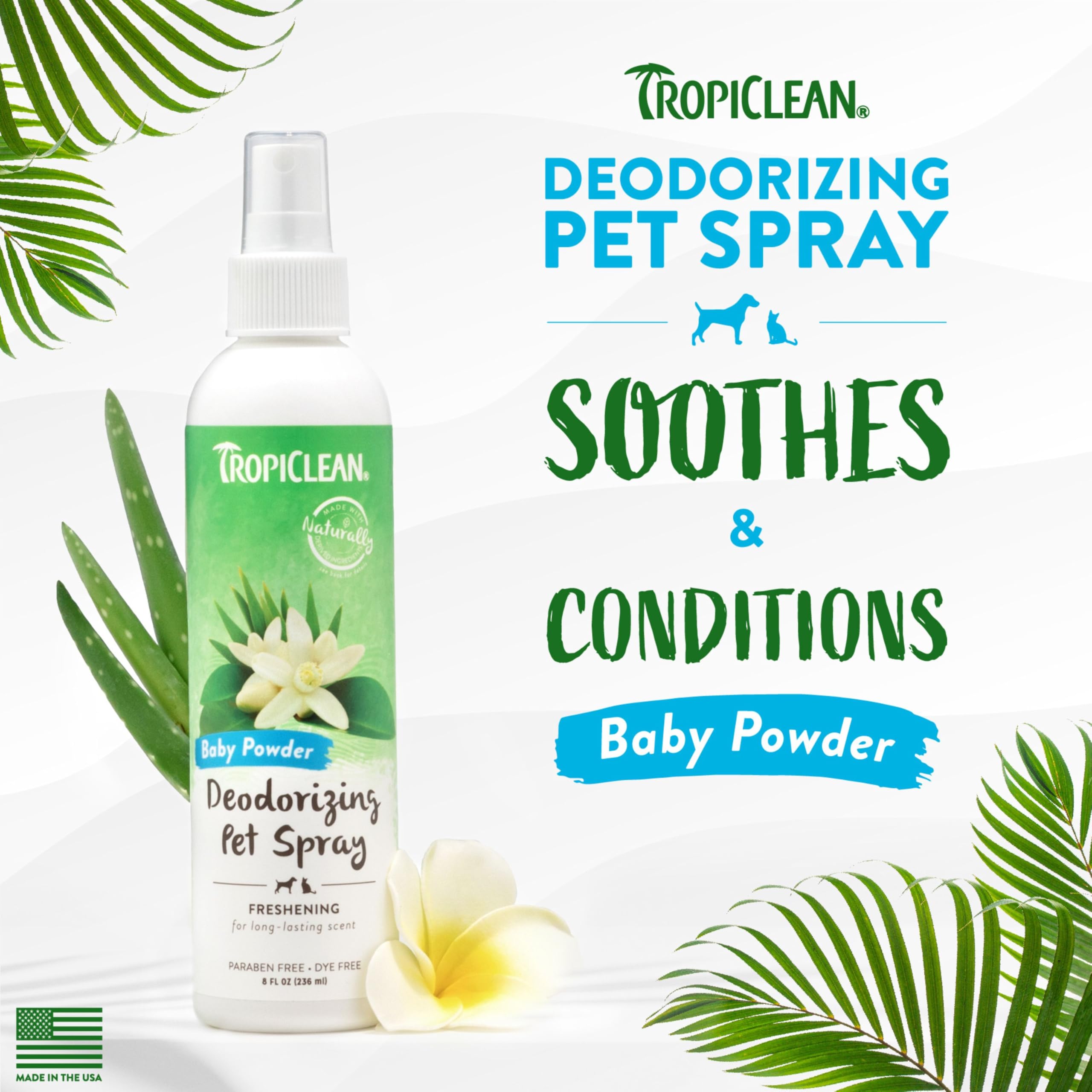 Tropiclean Baby Powder Dog Perfume Spray Long Lasting | Naturally Derived Odor Removing Dog Deodorizing Spray | Cat Friendly | Made In Usa | 8 Oz