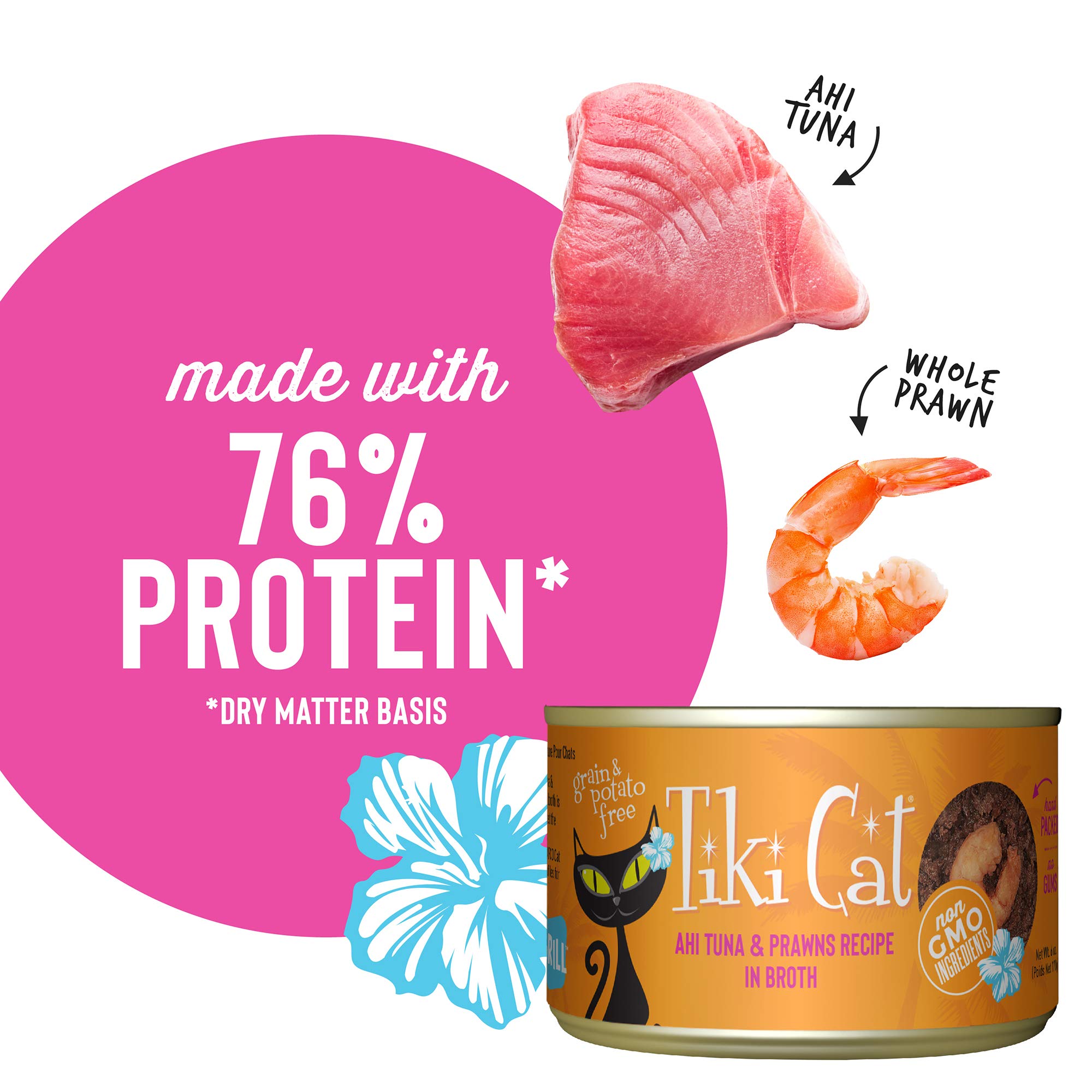 Tiki Cat Grill, Ahi Tuna & Prawns, High-Protein and 100% Non-GMO Ingredients, Wet Whole Foods Cat Food for All Life Stages, 6 oz