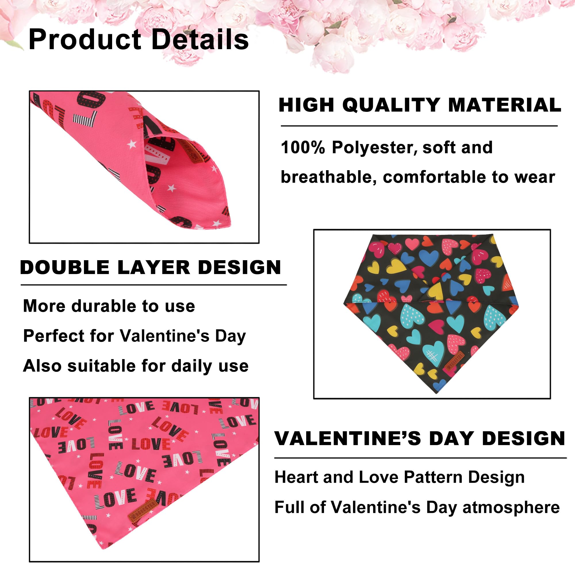 Adoggygo Valentine Dog Bandanas 2 Pack, Triangle Reversible Love Heart Scarf, Premium Durable Fabric, Pet Valentine Bandana For