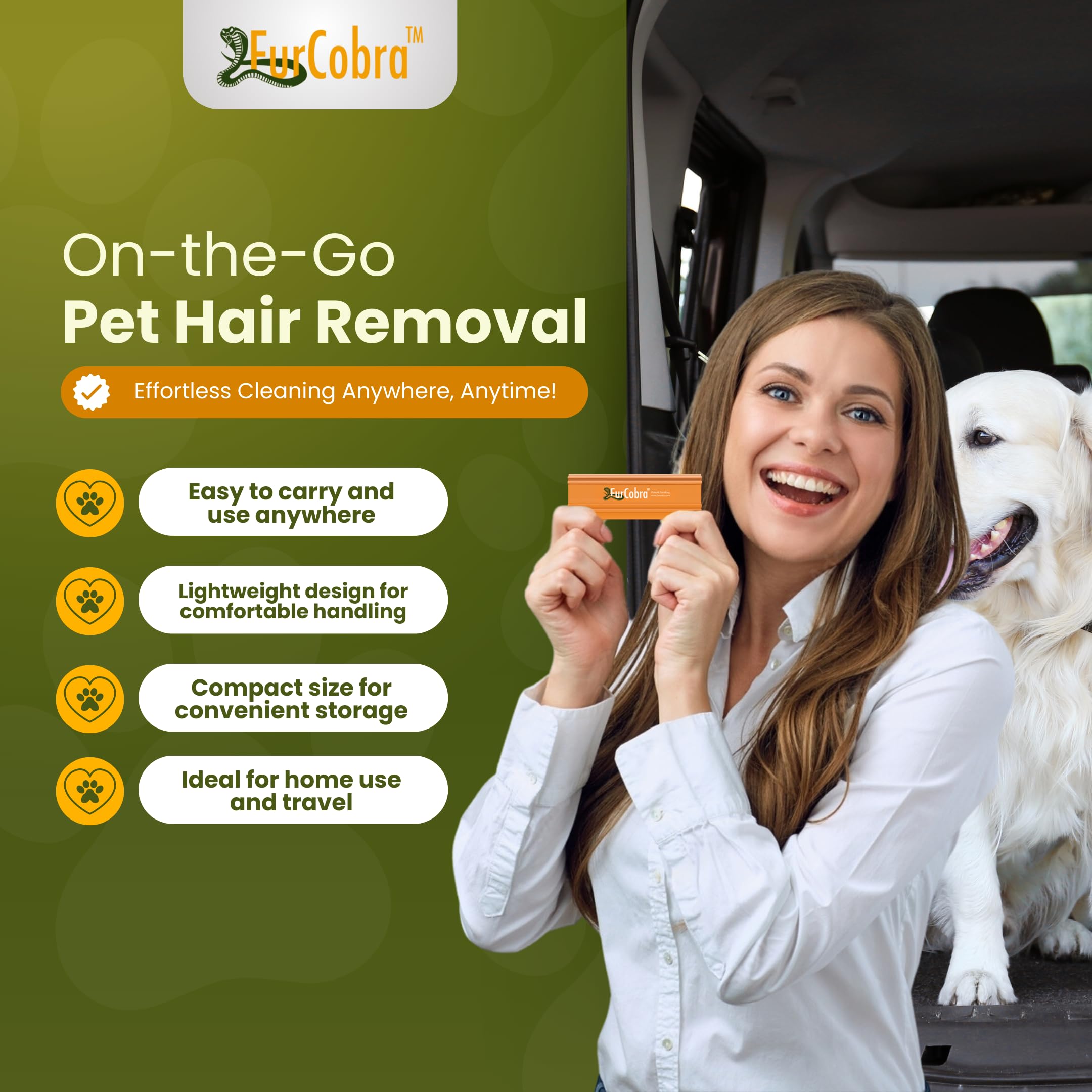 Furcobra Pro Pet Hair Remover For Car 4.33'' - Lightweight, Compact Cat Dog Fur Remover, Scraper, Cleaner For Bed, Couch, Carpet