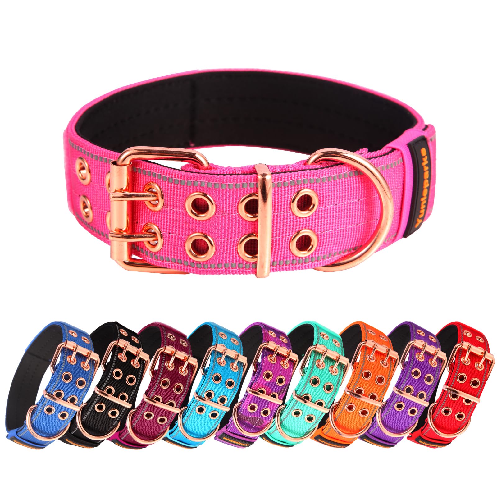 Yunleparks Heavy Duty Tactical Dog Collar With Neoprene Padded And Metal Buckle, Reflective Nylon For Medium To Large Dogs(Pink,