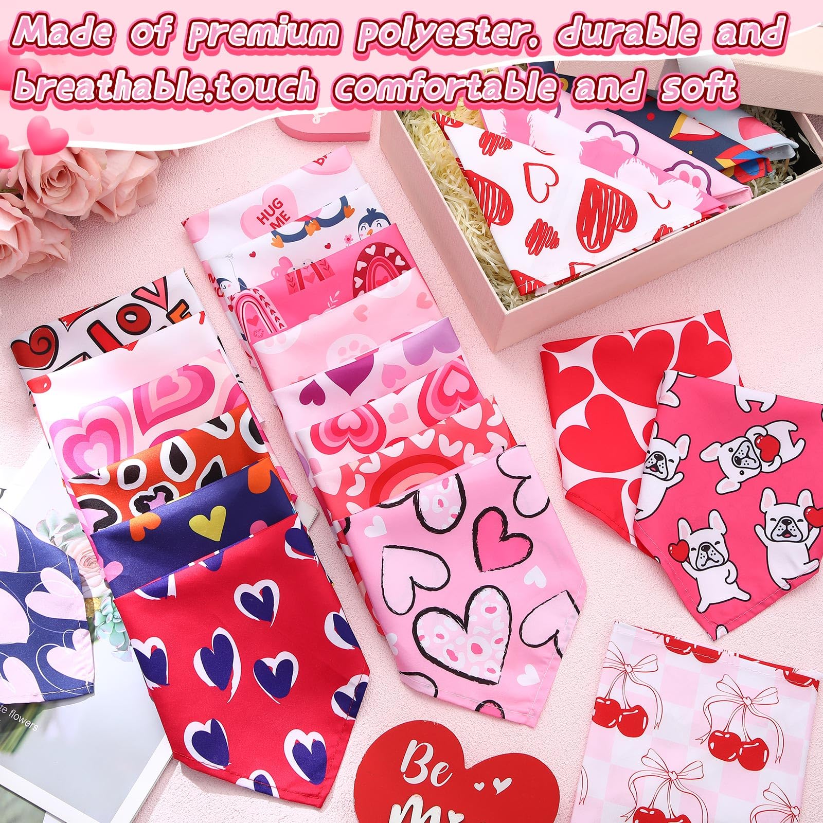 Reginary 72 Packs Valentines Day Dog Bandanas Heart Adjustable Pet Bandanas Triangle Scarf Dog Bibs For Pet Costume Accessories