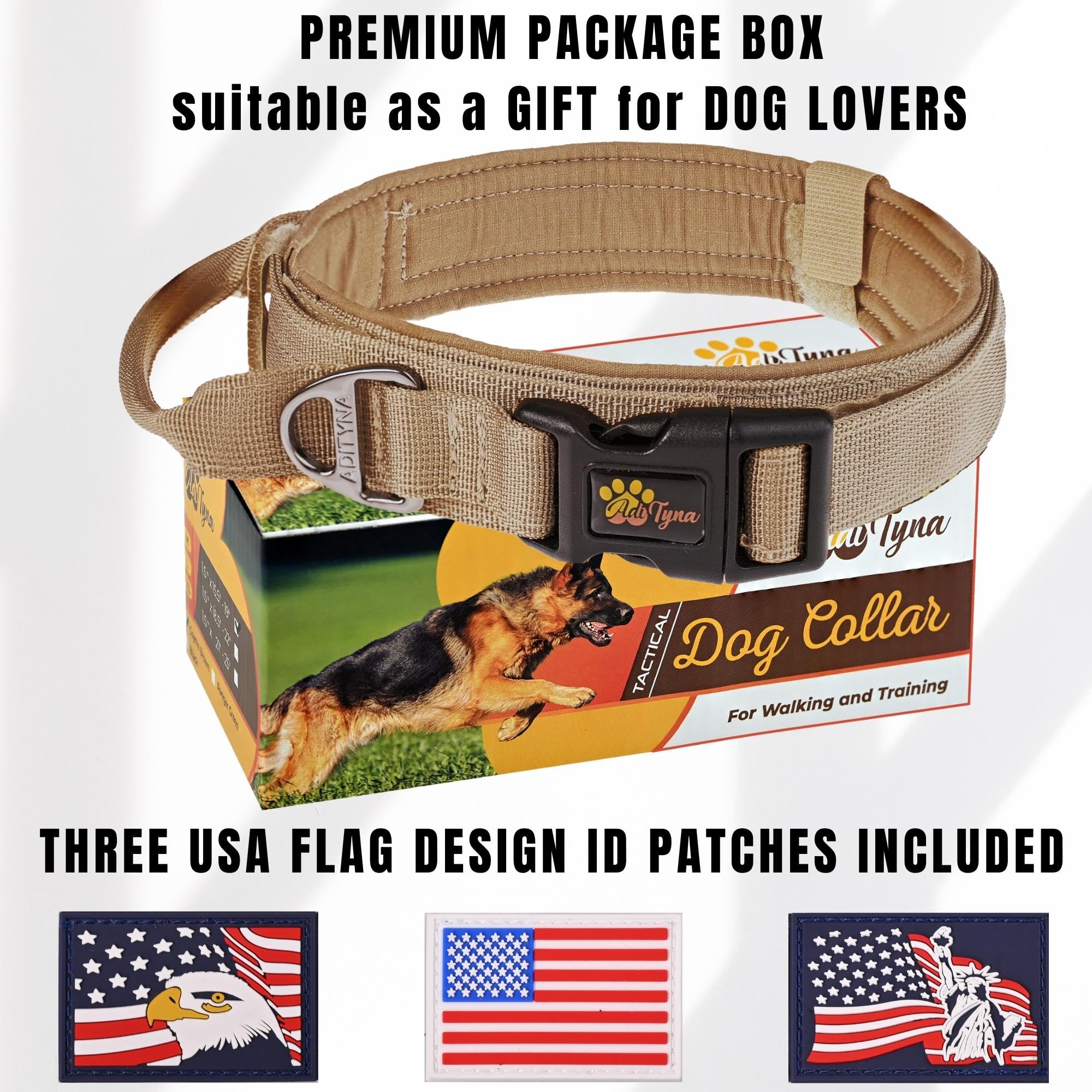 Adityna Tactical Dog Collar For Medium Dogs - Soft Padded, Heavy Duty, Service, Adjustable, Military, K9 Medium Collar With Hand