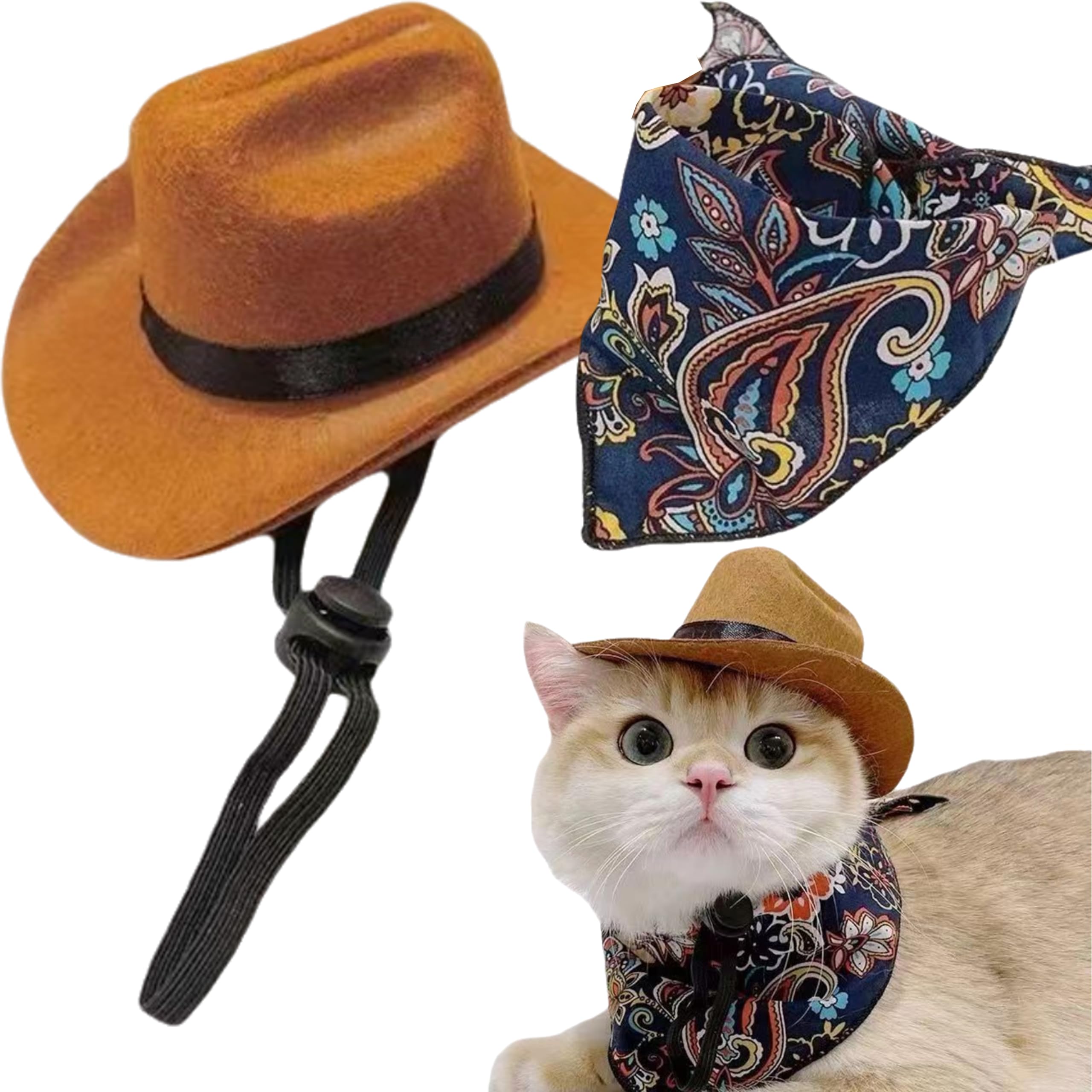 Saisi Pet Cowboy Dog Or Cat Costume, Dog Apparels & Accessories, Frenchie Dog Hat Costumes With Paisley Bandana Scarf For Puppy 